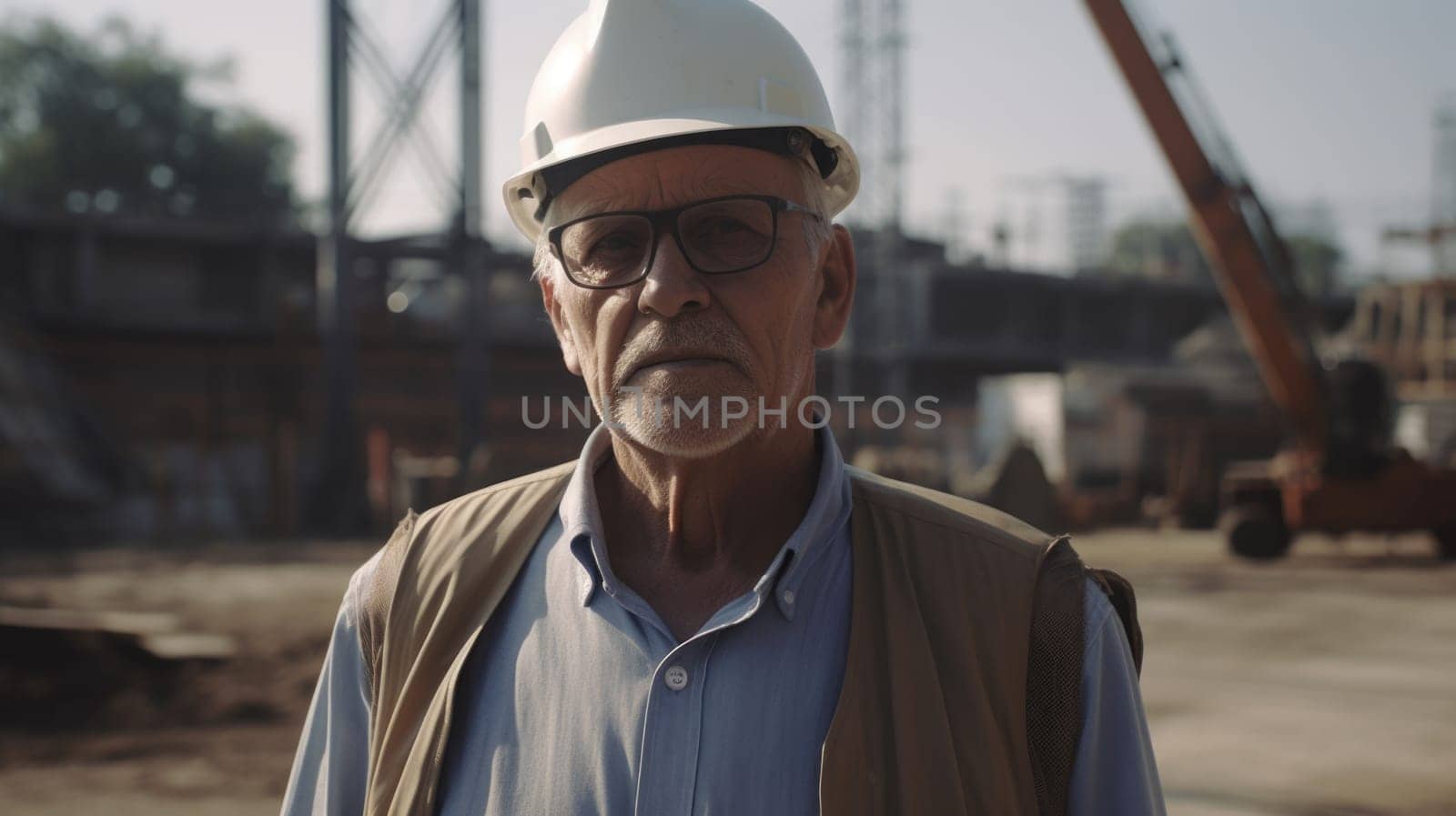 Senior male Caucasian civil engineer with determined face at construction site. Generative AI AIG21. by biancoblue