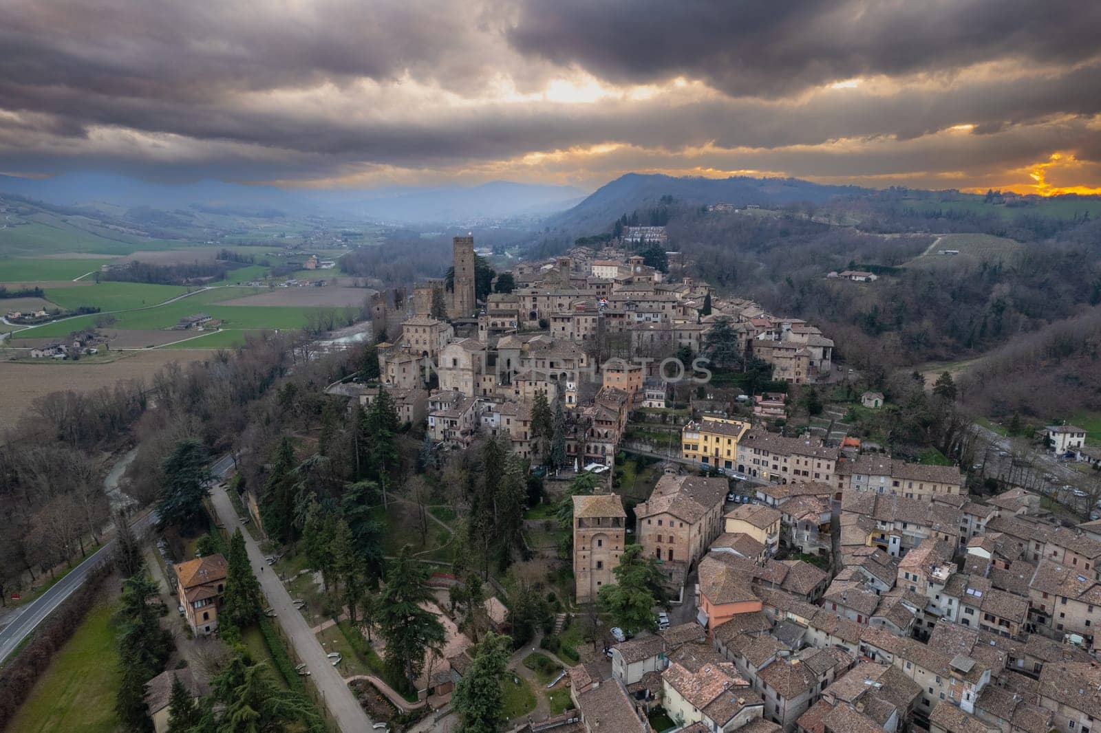 aerial view of Castellarquato medieval village in Emilia Romagna, Italy by verbano