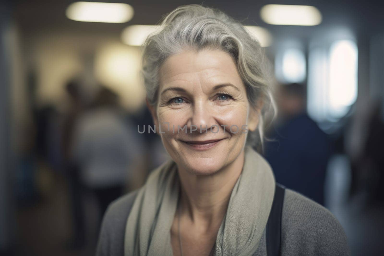 Mature smart swedish businesswoman, smiling face, standing in blur background of busy office. Generative AI AIG20.