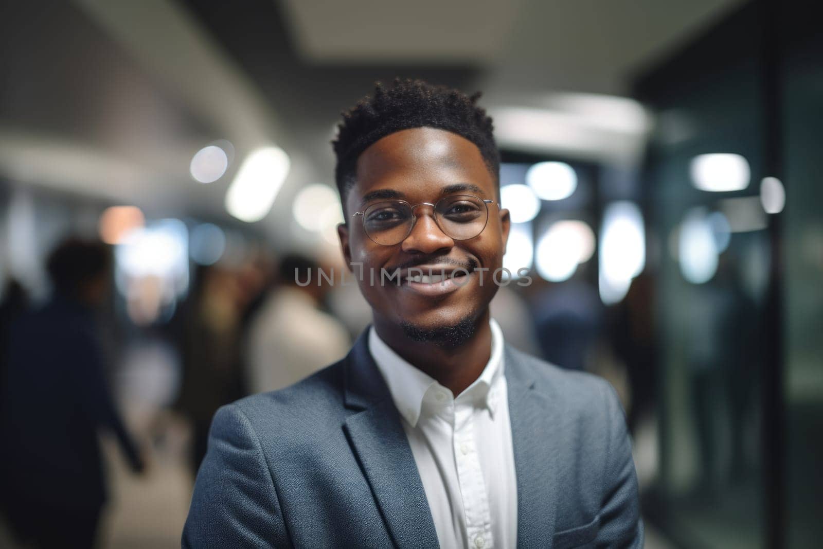 Young smart african-american businessman, smiling face, standing in blur background of busy office. Generative AI AIG20.