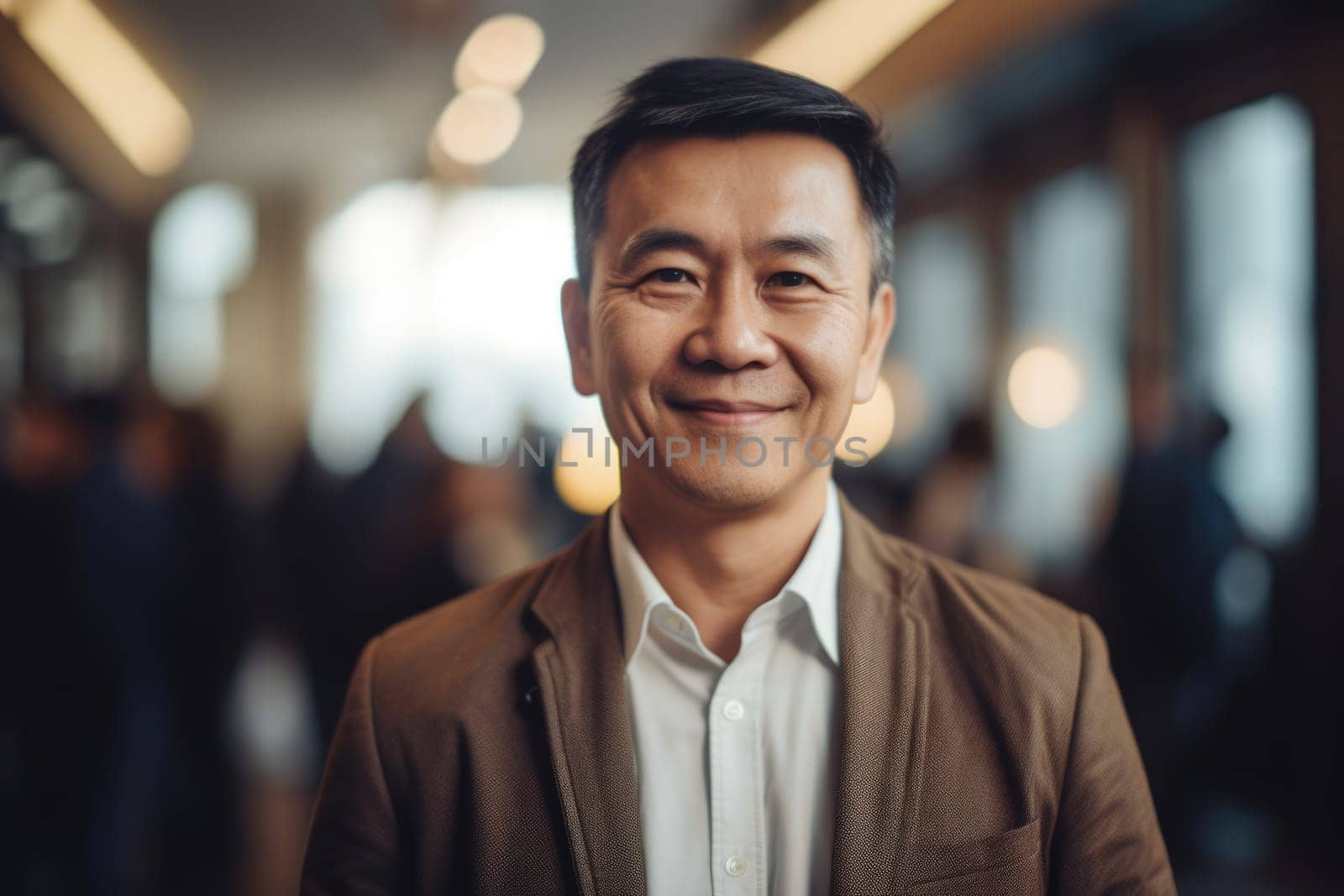 Mature smart asian businessman, smiling face, standing in blur background of busy office. Generative AI AIG20. by biancoblue