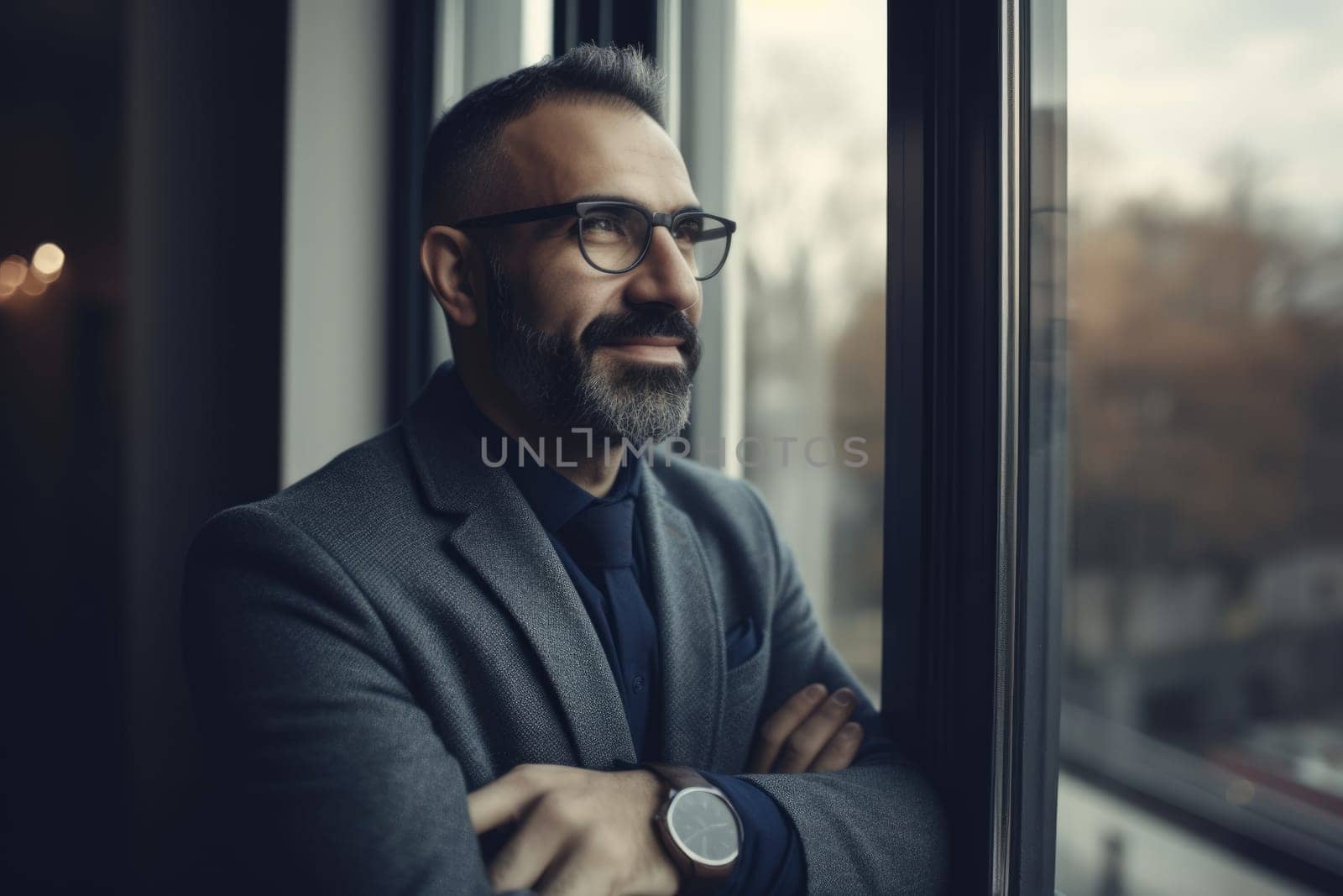 A smiling mature man with arms folded in suit near a window in an office. Generative AI AIG21.