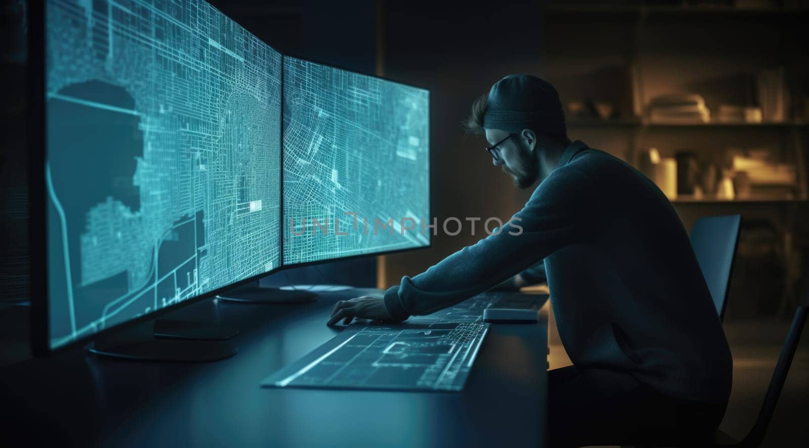 A man looking at blue hologram screen showing the city plan with the light teal and light black. Generative AI AIG21.