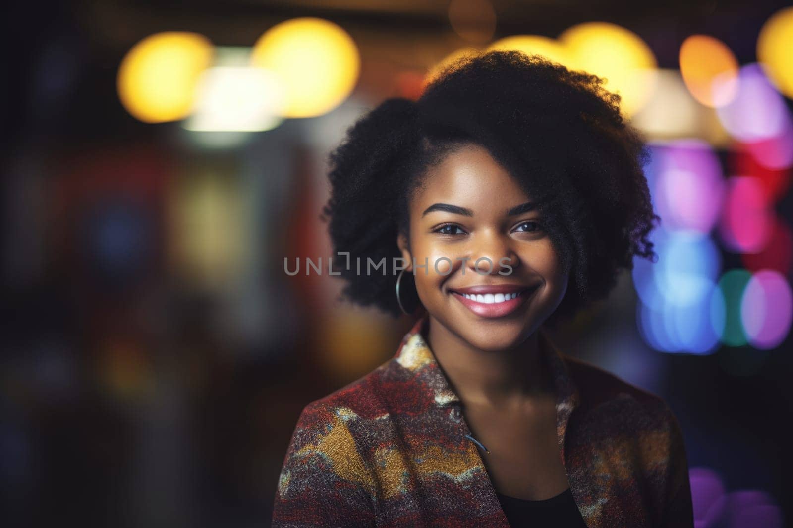 Young smart african-american businesswoman, smiling face, standing in blur background of creative colorful office interior design. Generative AI AIG20.