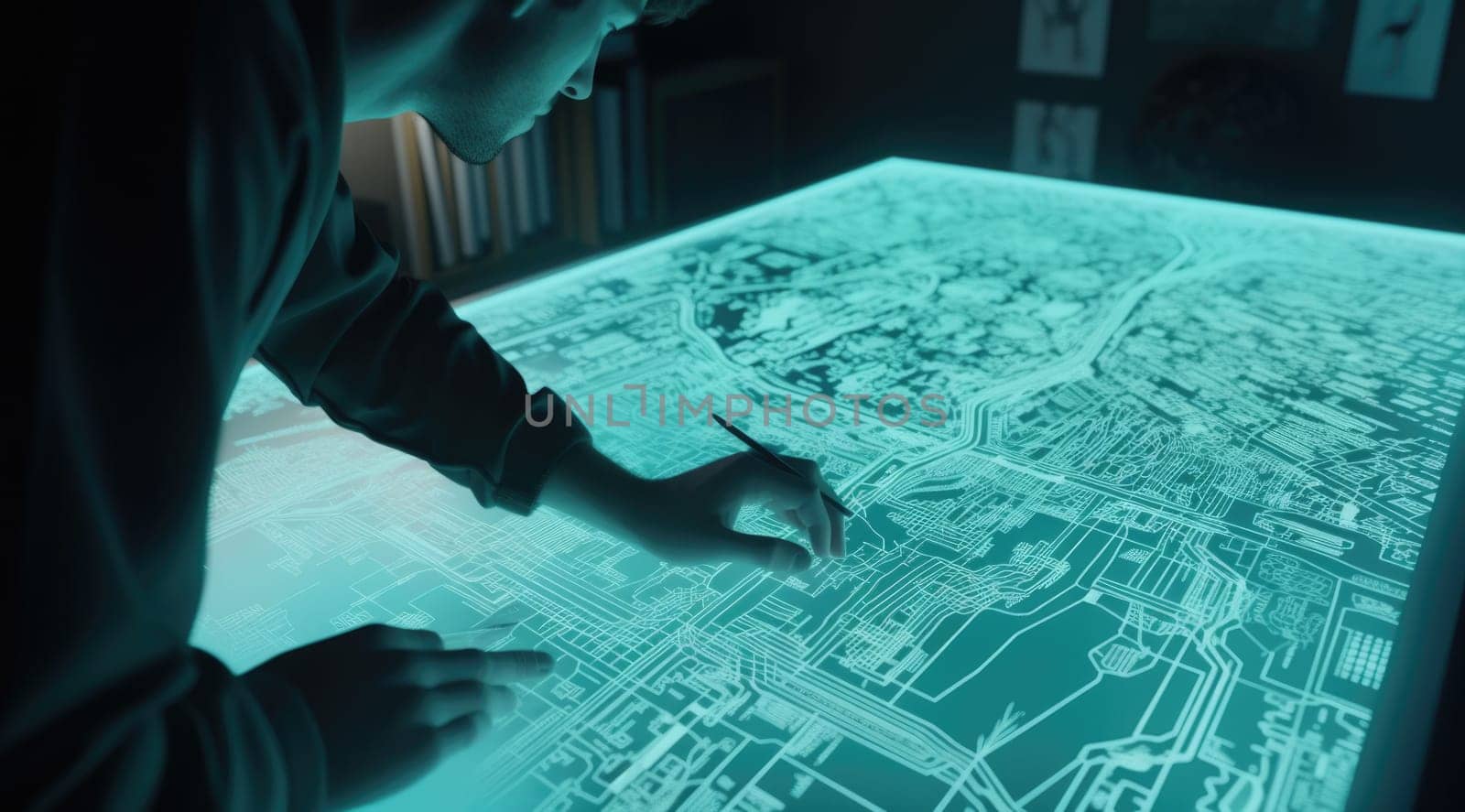 The man touching on glass design of city in the style of light teal. Generative AI AIG21.