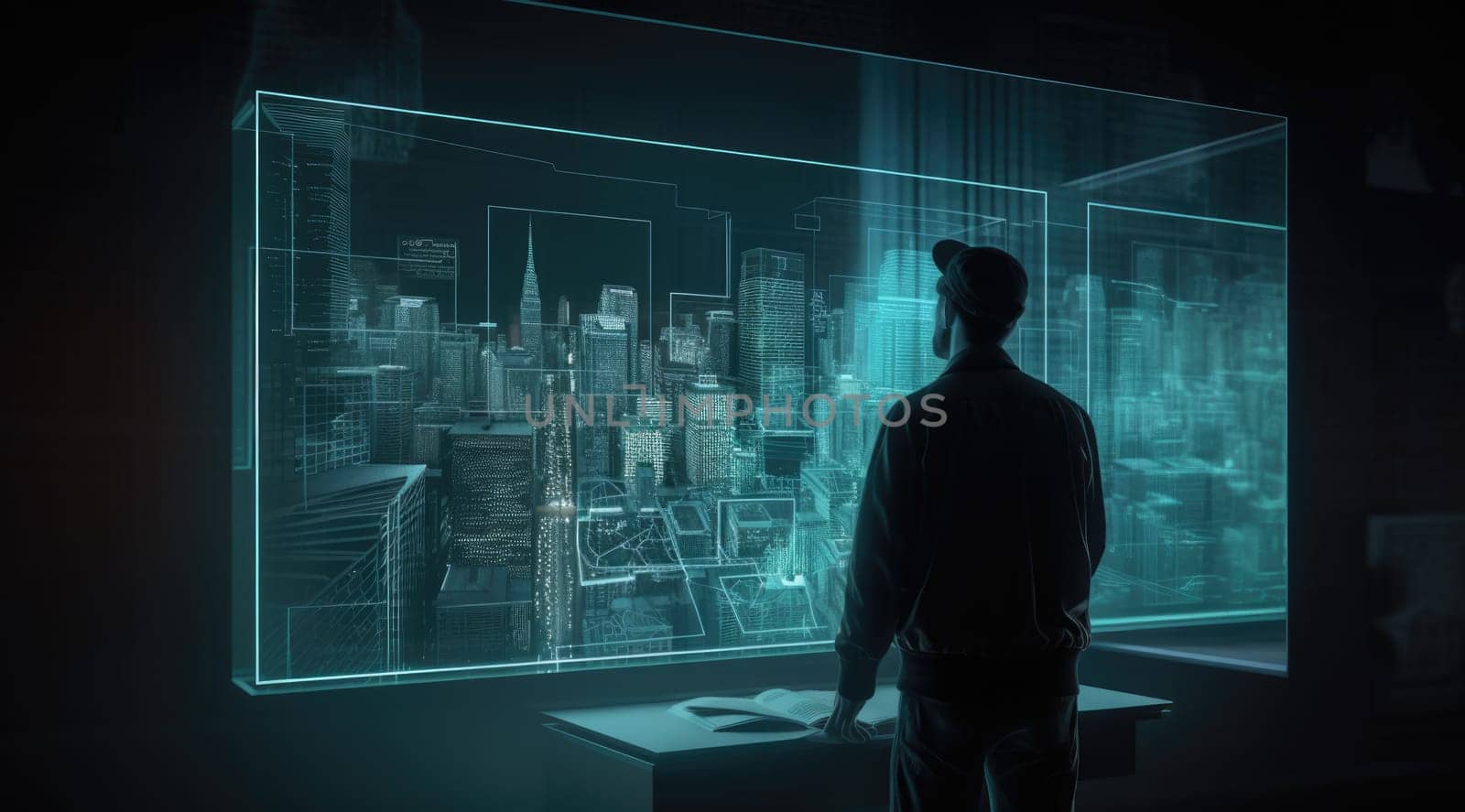 A man looking at blue hologram screen showing the city plan with the light teal and light black. Generative AI AIG21. by biancoblue