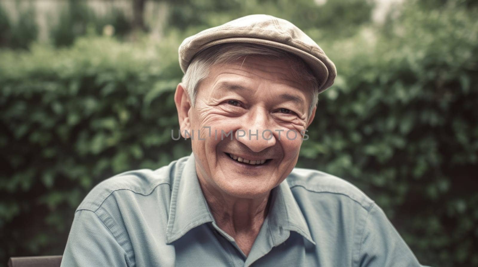 Smiling senior man sitting in the garden looking at the camera smiling. Generative AI AIG20. by biancoblue