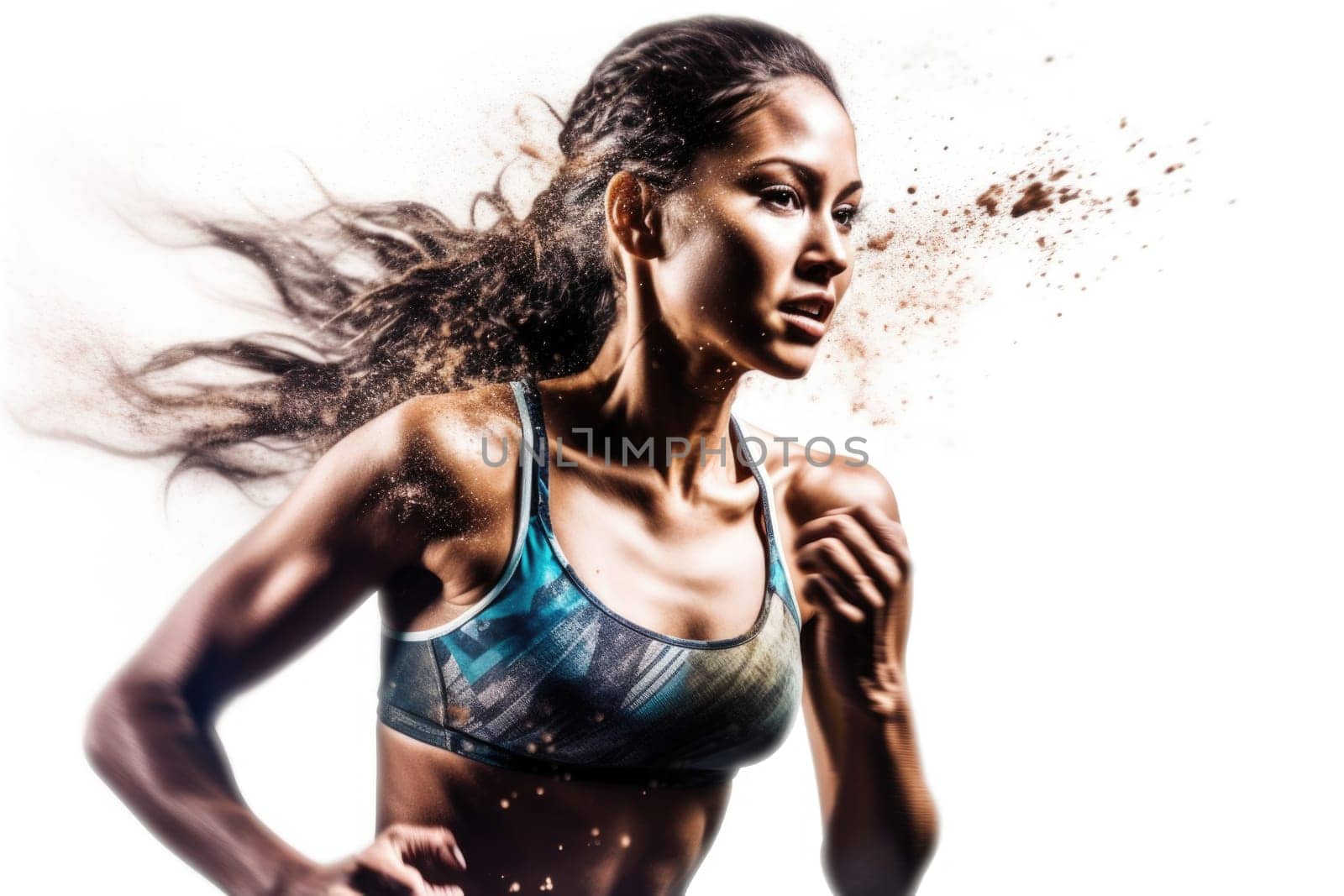 Heroic double exposure photo of a well trained female Hispanic runner speedy running. Generative AI AIG19.