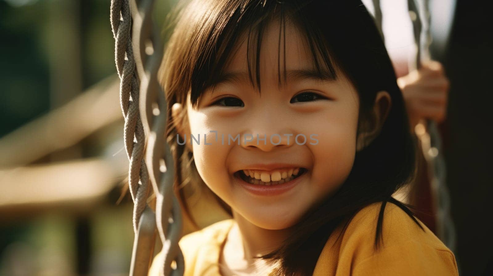 Close up smiling face, young asian girl playing on a swing, happiness, childhood, freedom, vitality, outdoor fun, carefree, sunlight. Generative AI AIG20.