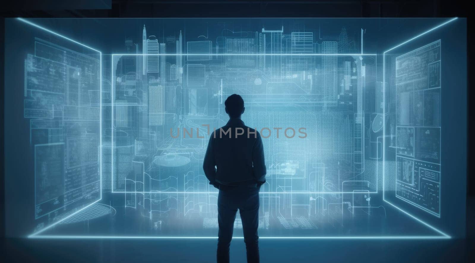 A male designer looking at a 3D building in an artificial blue light box in the style of data visualization. Generative AI AIG21. by biancoblue