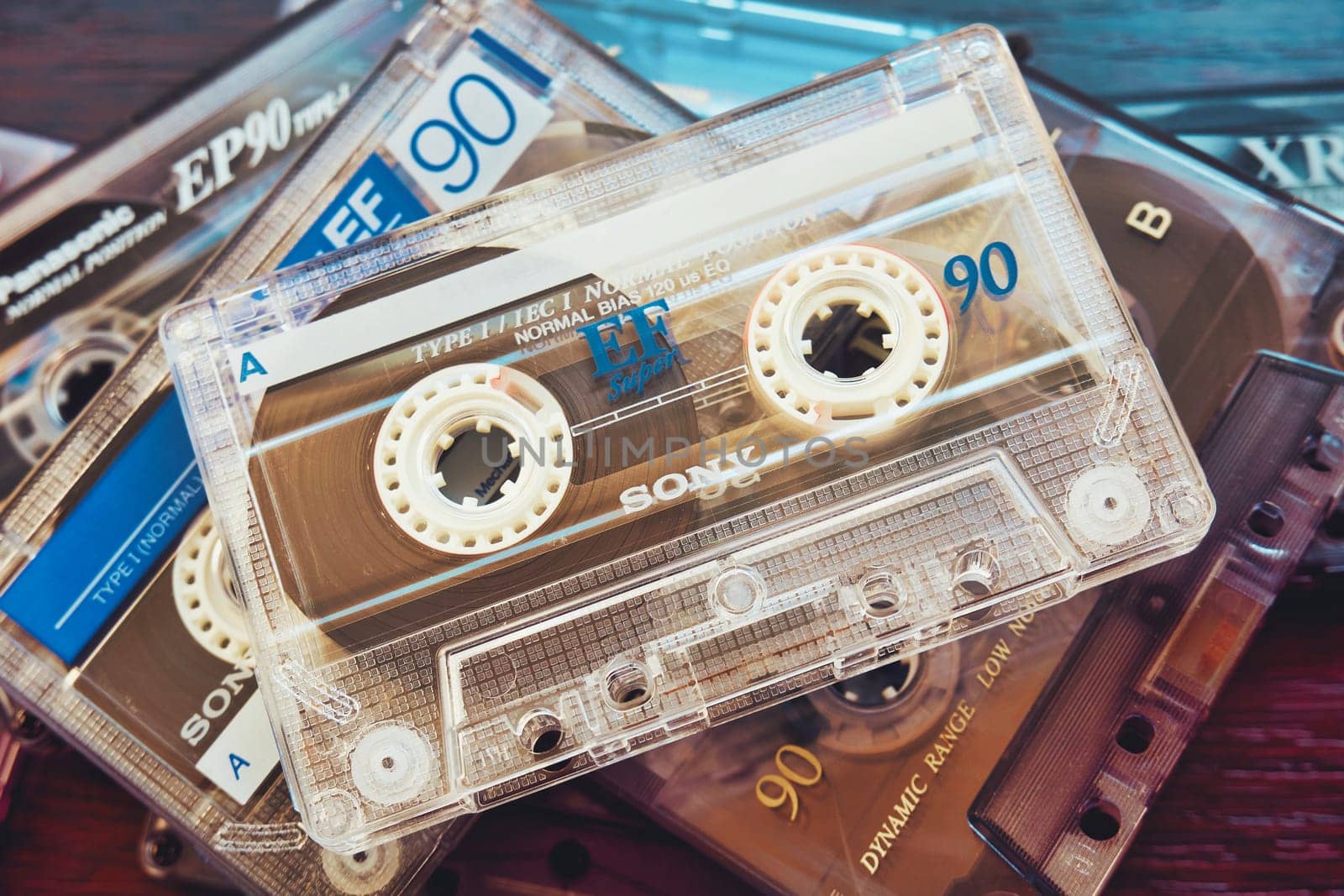 Ryazan, Russia - April 27, 2023: An old Sony audio cassette lies on different cassettes