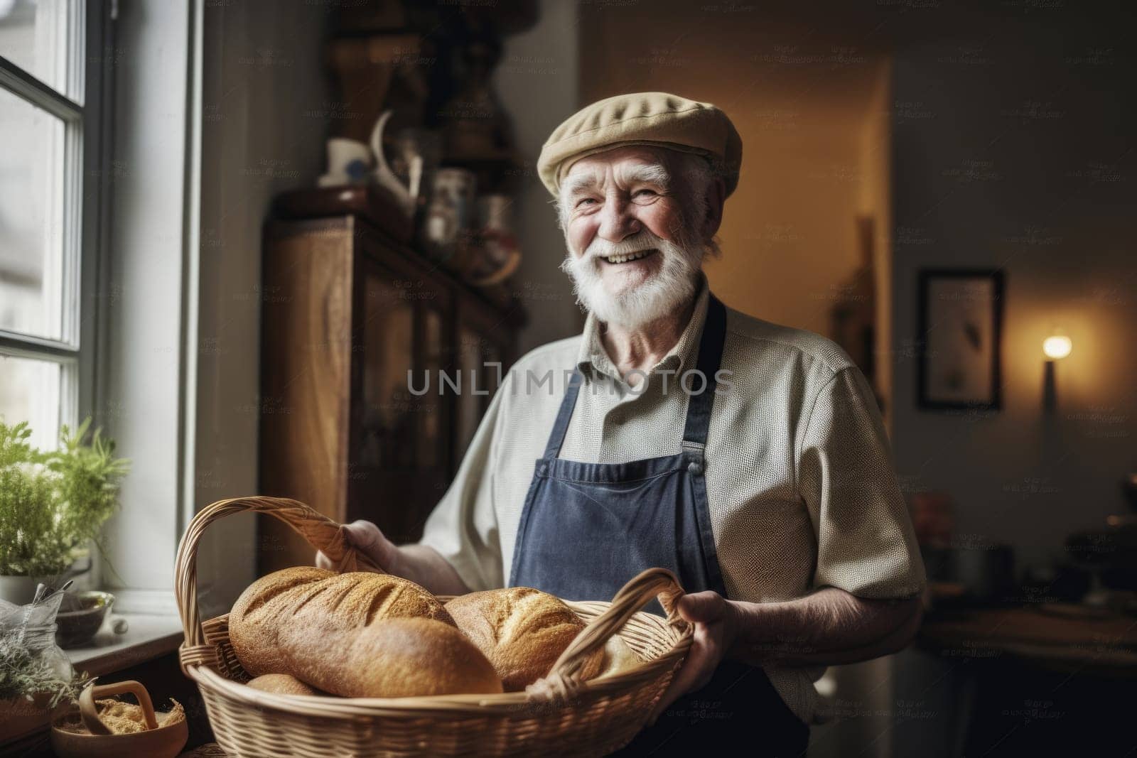 Smiling Swedish male senior baker standing in home kitchen holding bread in basket. Generative AI AIG21.