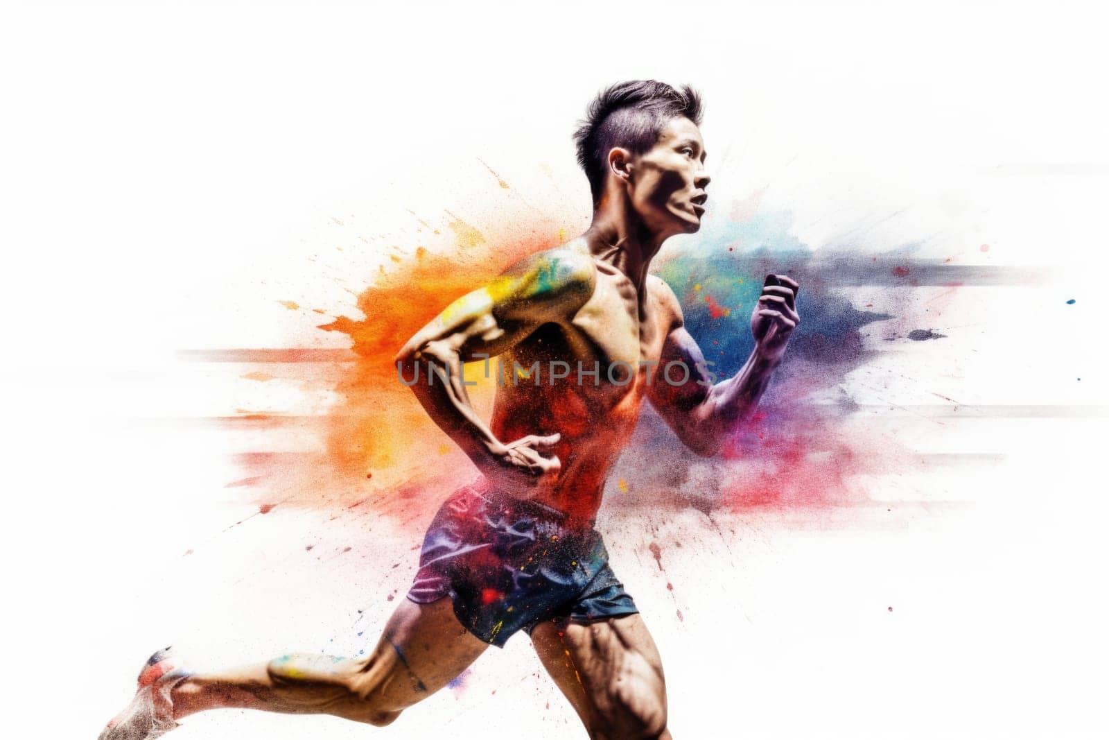 Heroic double exposure colorful photo of a well trained male Chinese runner speedy running. Generative AI AIG19.