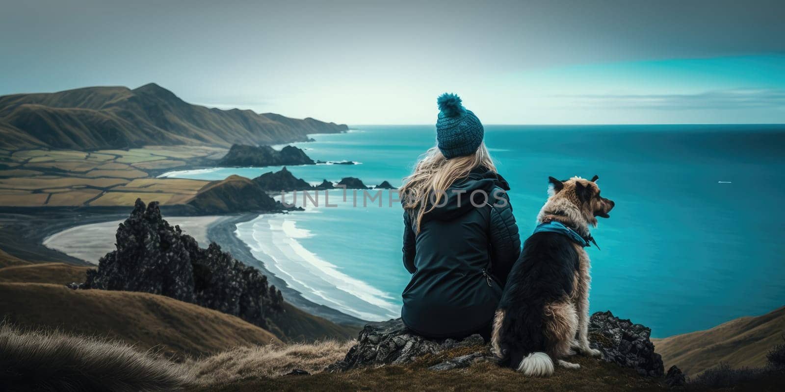 Young beautiful woman enjoy view with her dog during hiking trip on ocean cliff by biancoblue