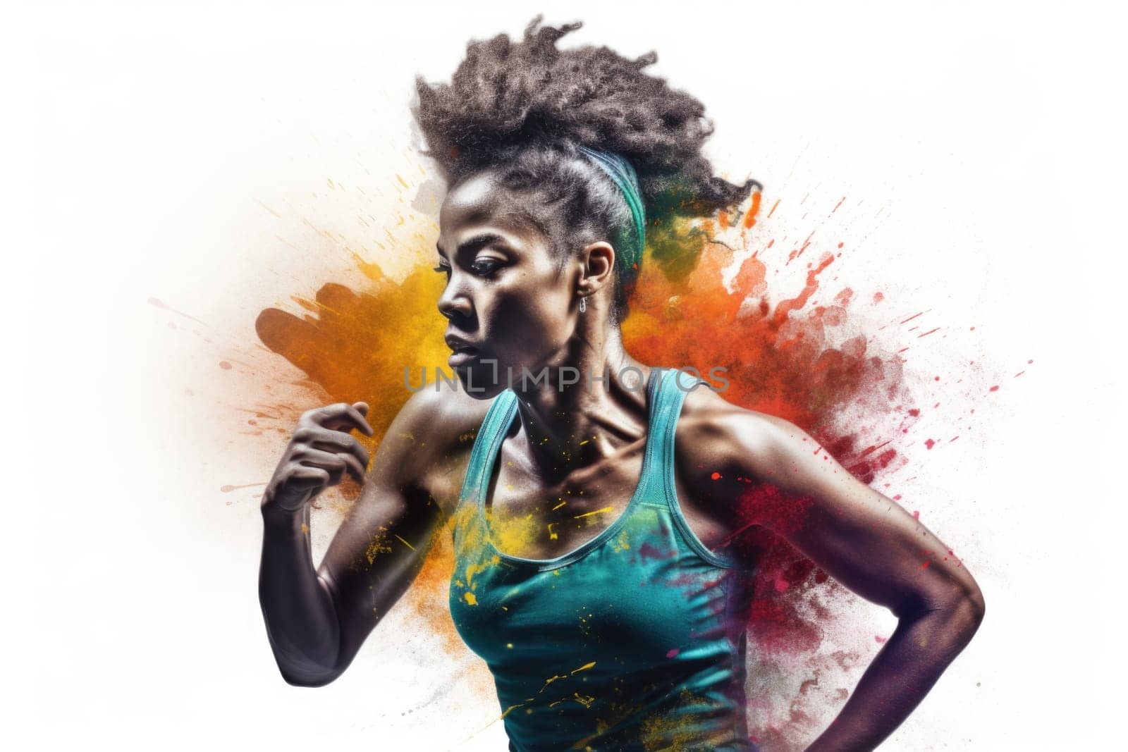 Heroic double exposure colorful photo of a well trained female African runner speedy running. Generative AI AIG19.