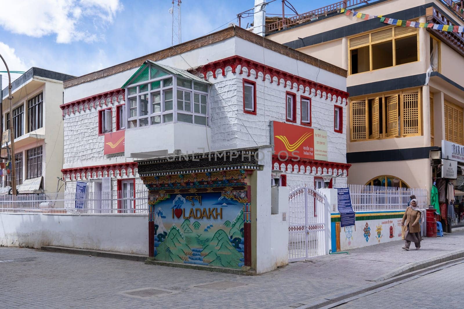 Leh, India - April 02, 2023: Exterior view of the post office at the main market