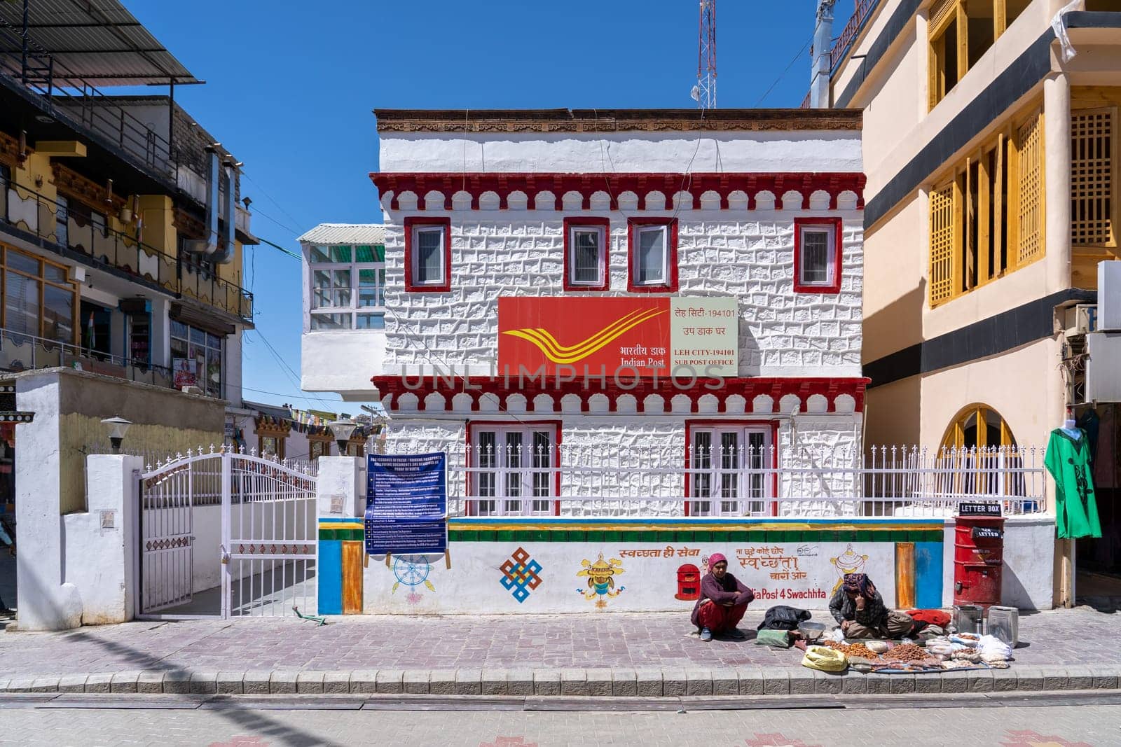Leh, India - April 10, 2023: Exterior view of the post office at the main market