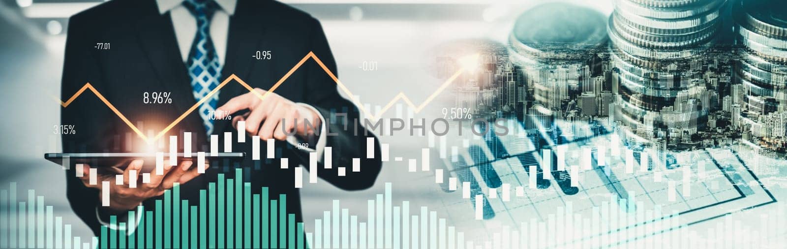 Businessman analyst working with digital finance business data graph showing technology of investment strategy for perceptive financial business decision. Digital economic analysis technology concept.