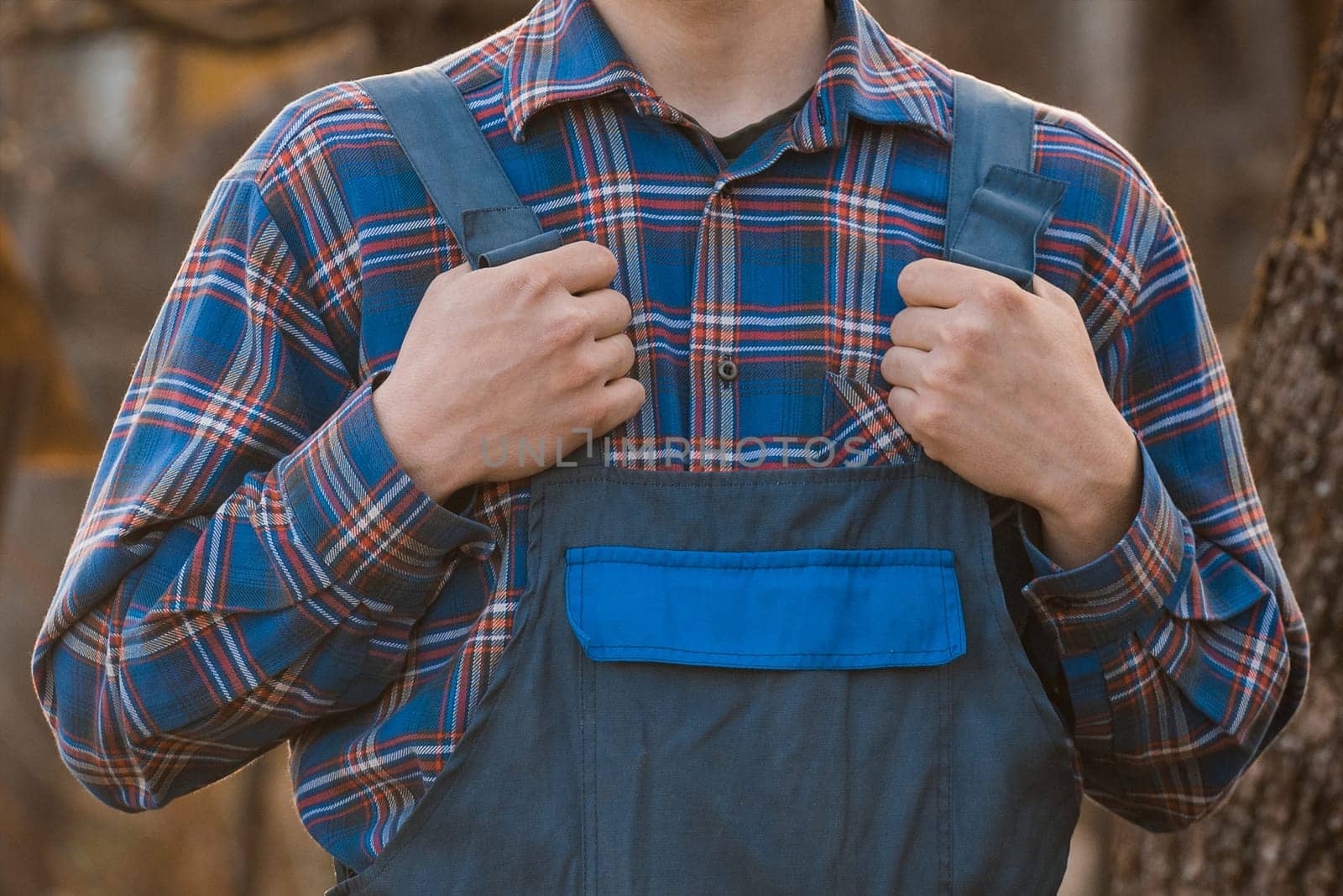 Farmer's or Gardener's Clothing Appearance Fashion Blue Shirt Patterned Checkered Jumpsuit Hands Overalls by AYDO8