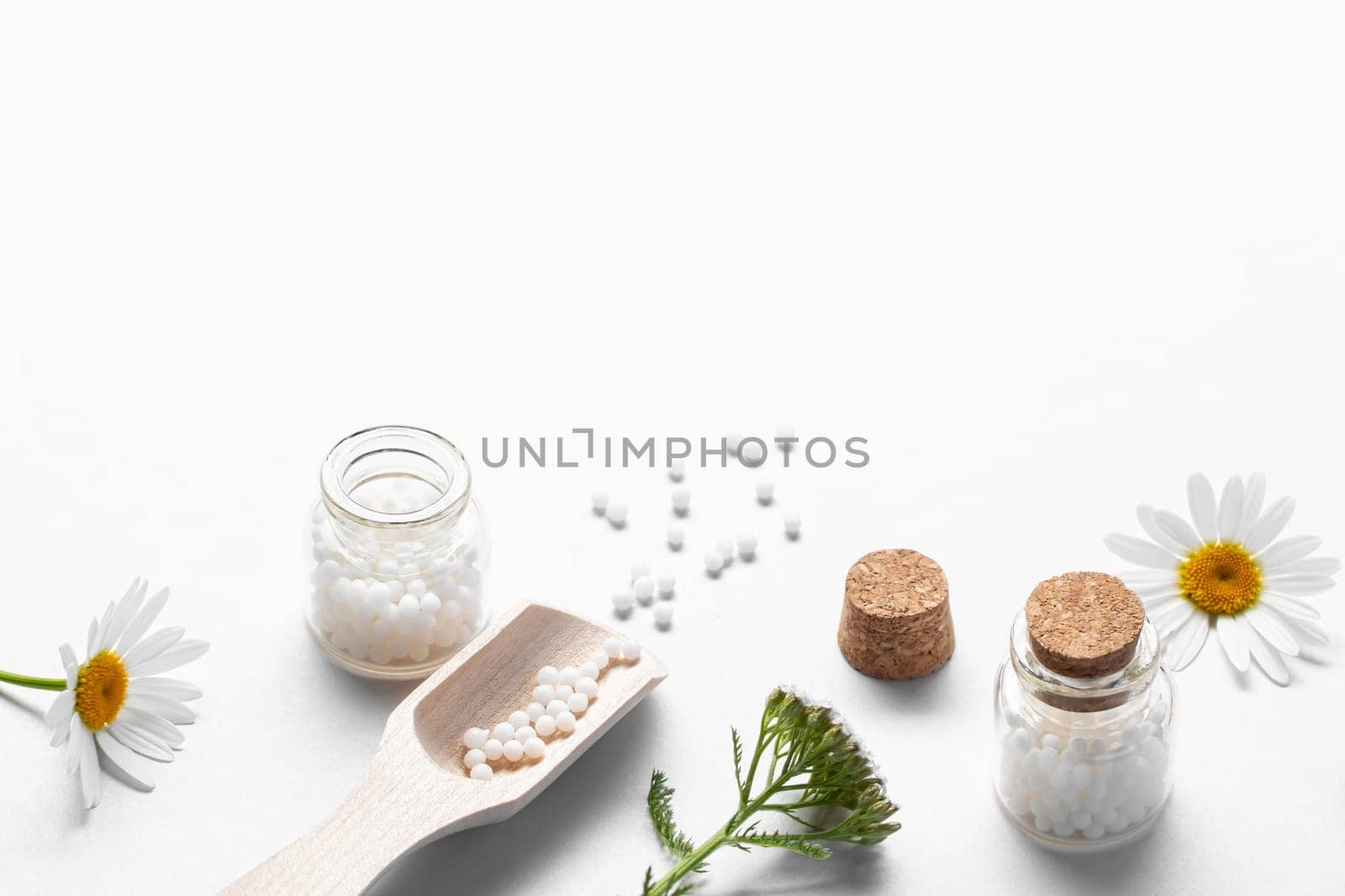 Homeopathic medicines and medicinal plants on a light background, copy space by galsand