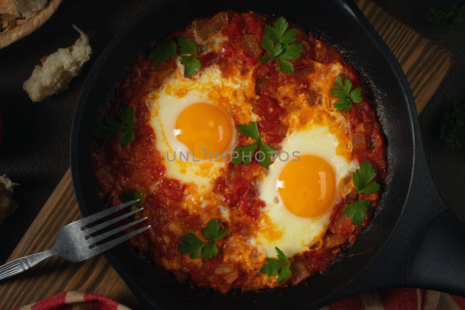 Shakshuka from two eggs in tomato sauce with fresh tomatoes, spices and herbs in a black frying pan. Close-up scrambled eggs.