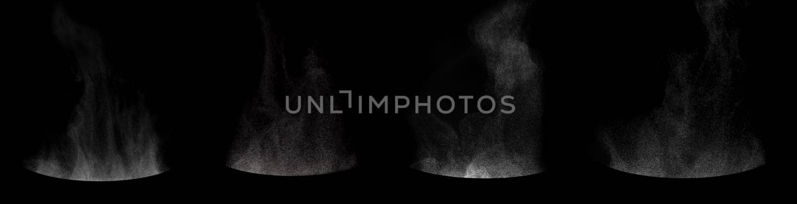 Set of steam from round dishes - pots, mugs or cups isolated on black background.