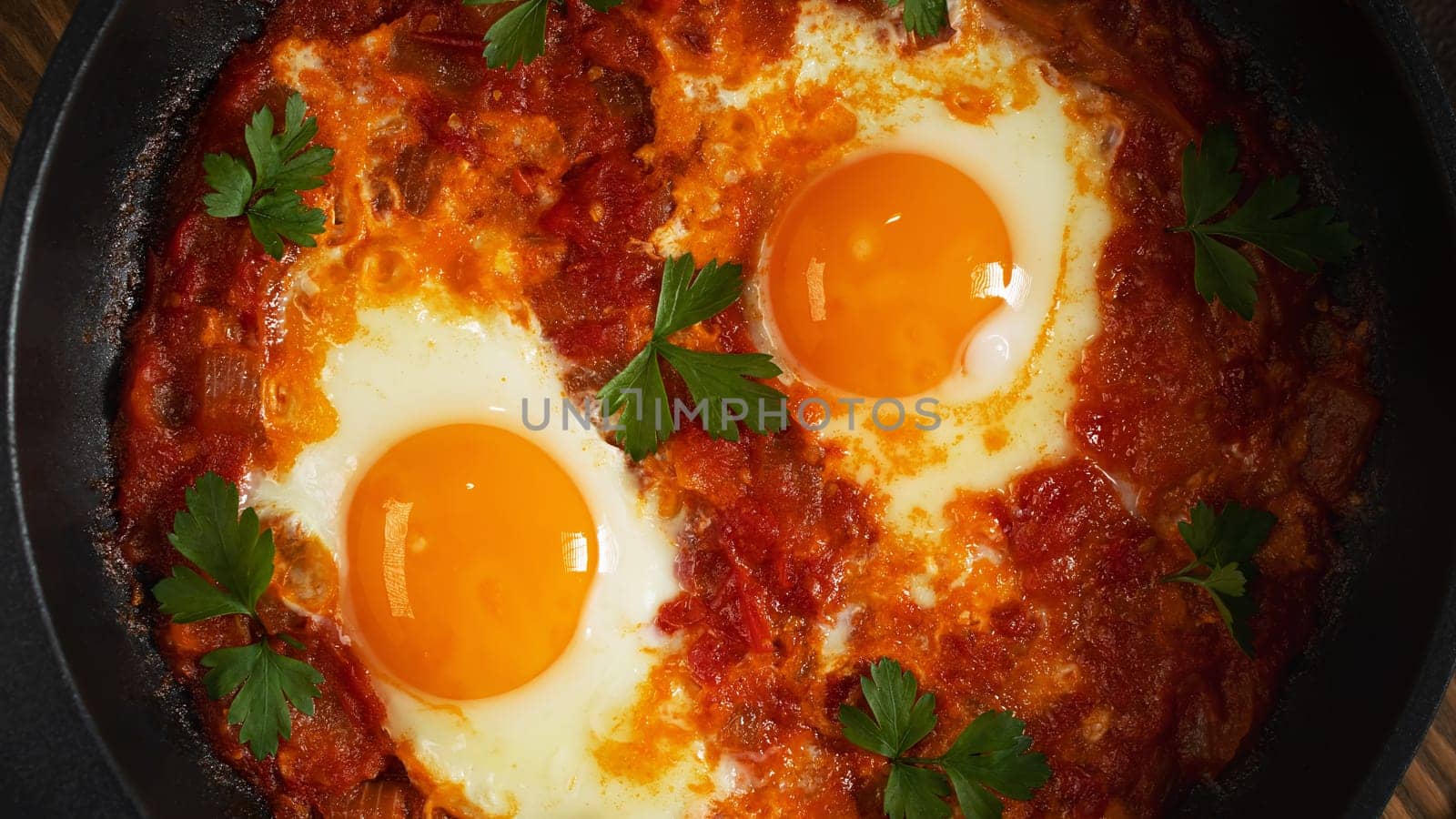 Two egg shakshuka in tomato sauce with fresh tomatoes, spices and herbs. Close-up scrambled eggs.