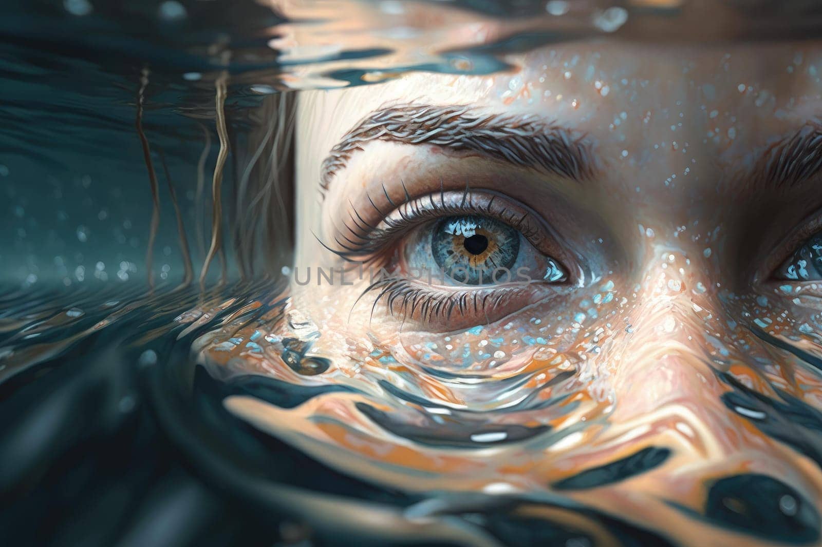 Close up woman eyes at the water surface. superlative generative AI image.