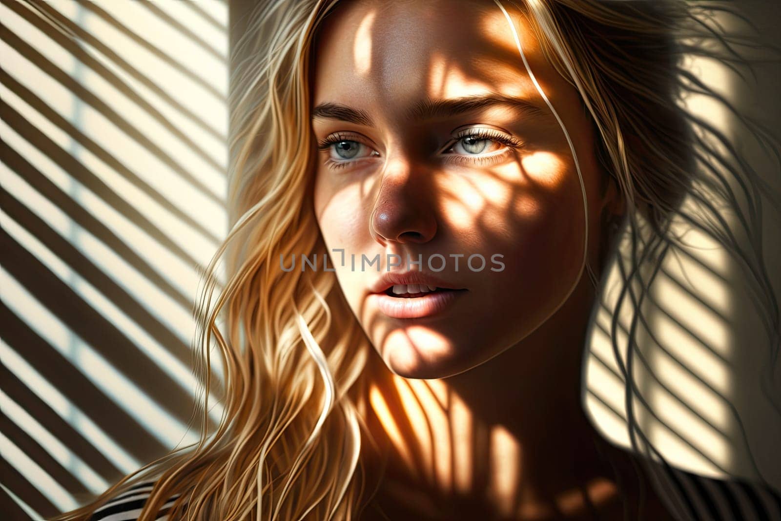 Portrait of a beautiful woman with sunlight streaming across her face. Generative AI AIG15.