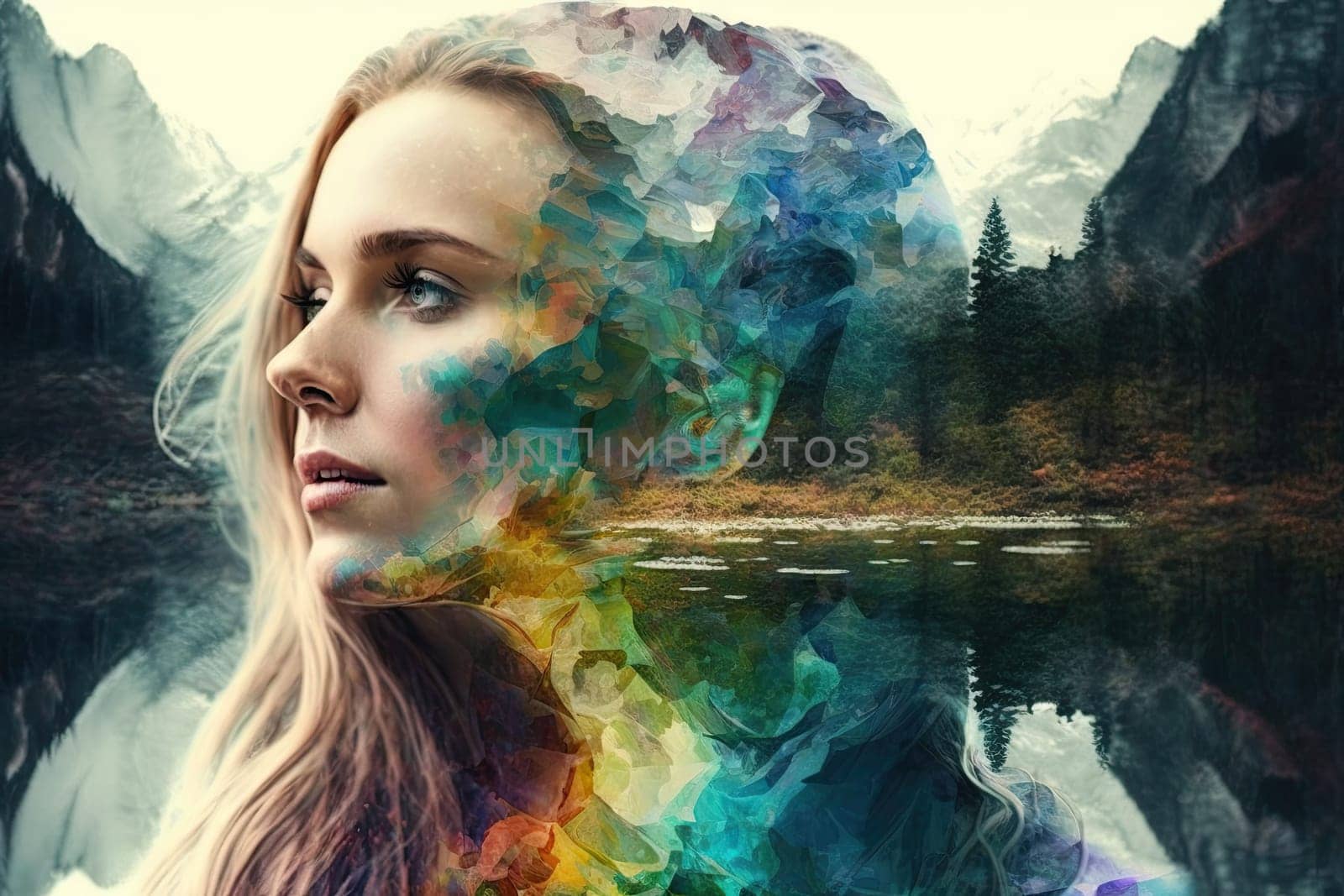 Abstract art of rainbow coloring in forest and beautiful facial woman with double exposure concept. Photo realism of nature overlapped with peaceful human. Glorious generative AI.