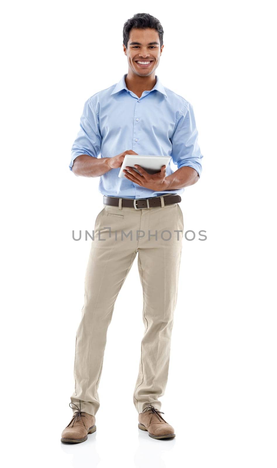 Smile, portrait of businessman with tablet and in studio or white background. Research or marketing, technology or communication with smartphone and entrepreneur male online for mobile app networking.