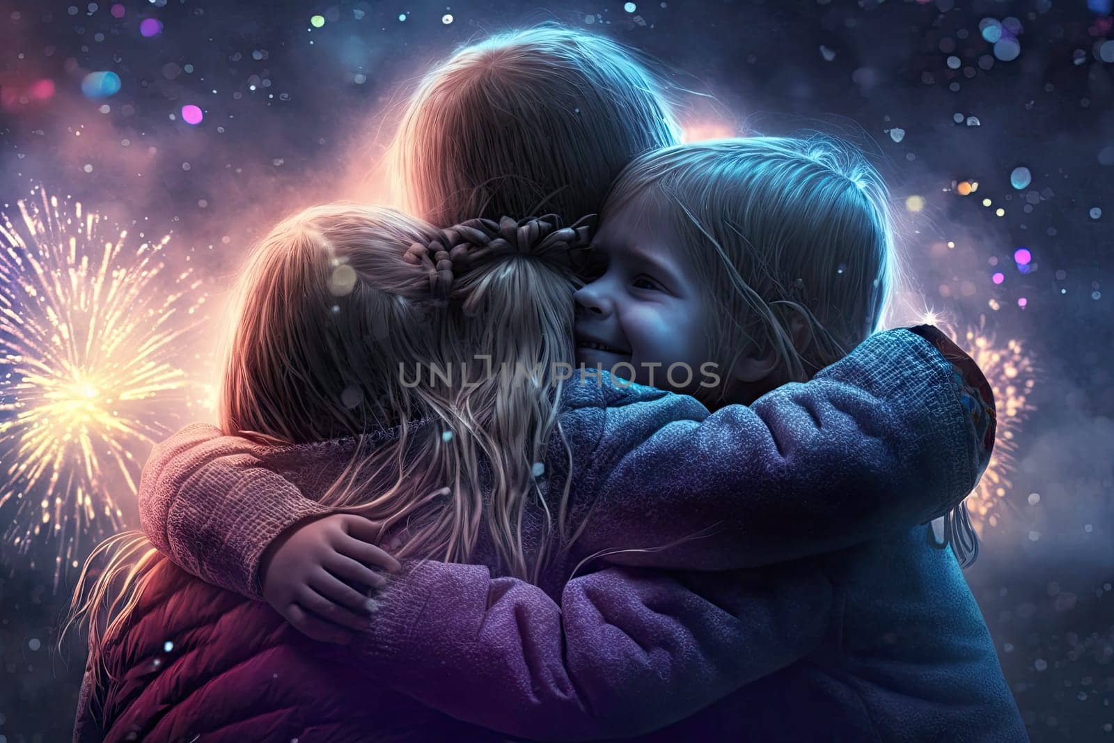 hugging happiness kids student group while fireworks coloring the sky by biancoblue