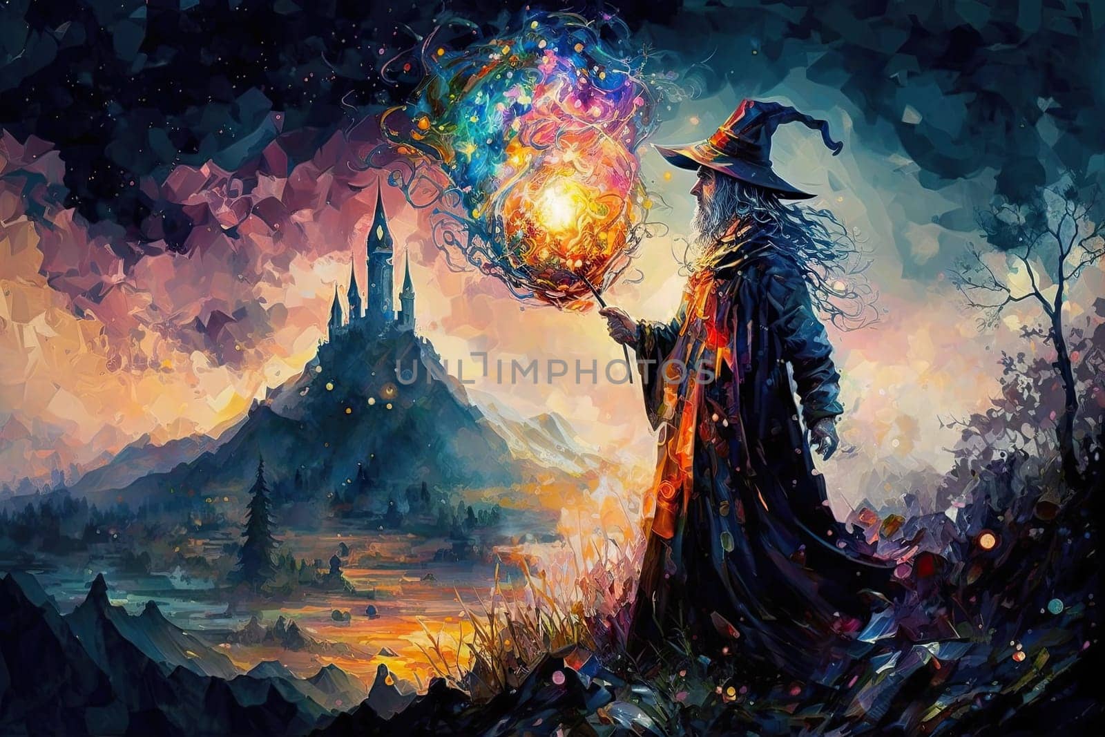 A wizard holding magic wand at the hill top in the dark night fantasy. Abstract art of the mist spell on the top point of stick in magic world. Glorious generative AI.