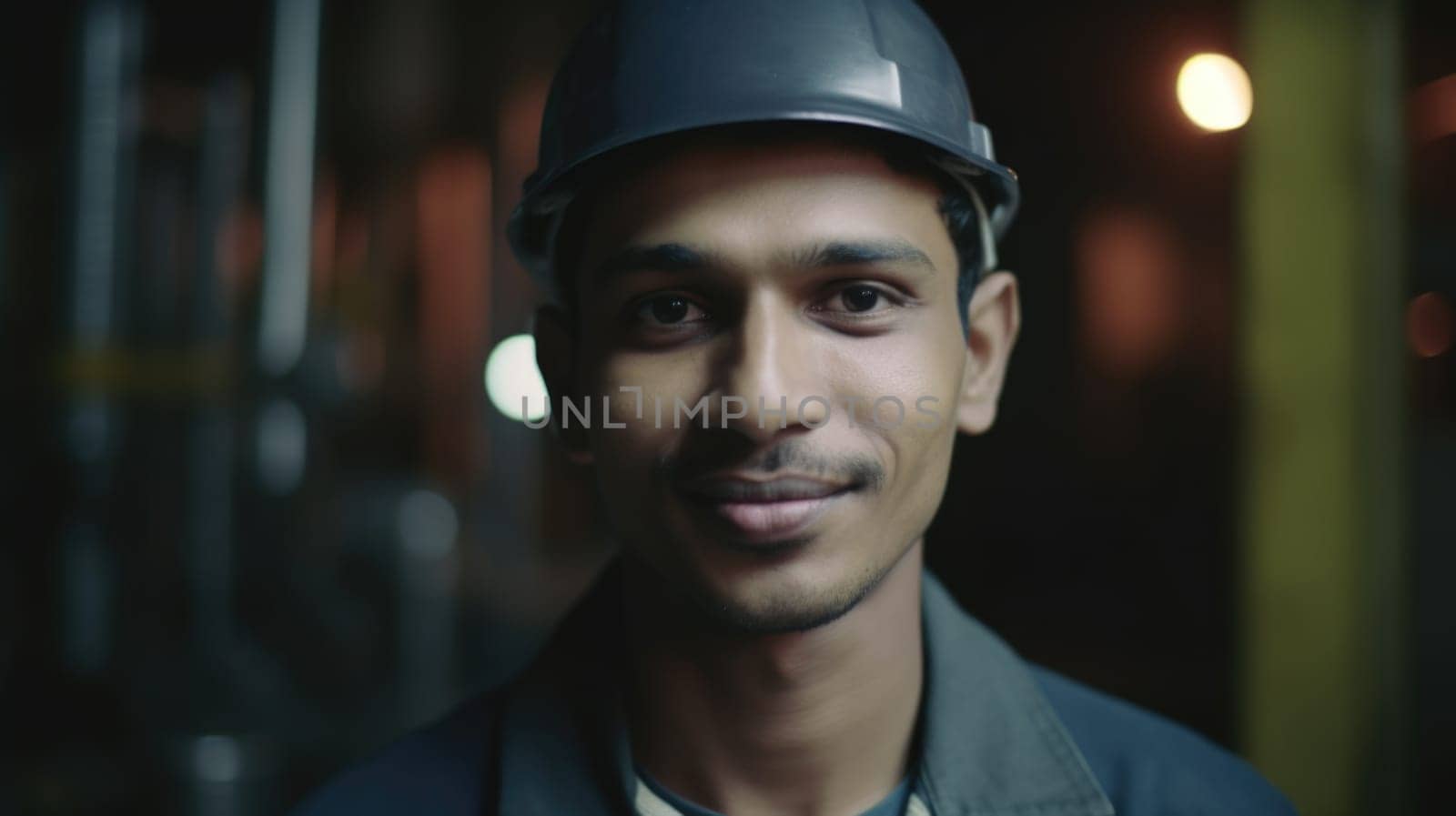 A smiling Indian male factory worker standing in oil refinery plant. Generative AI AIG19.