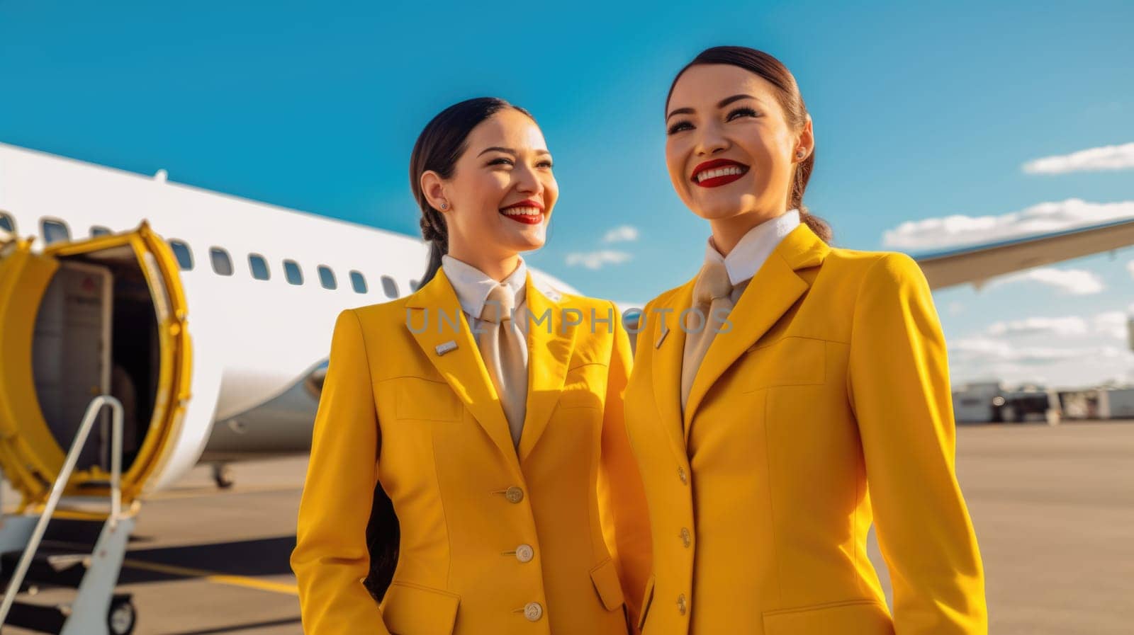 Two smiling air hostesses in yellow suit standing in front of airplane entrance under blue sky. Generative AI AIG21.