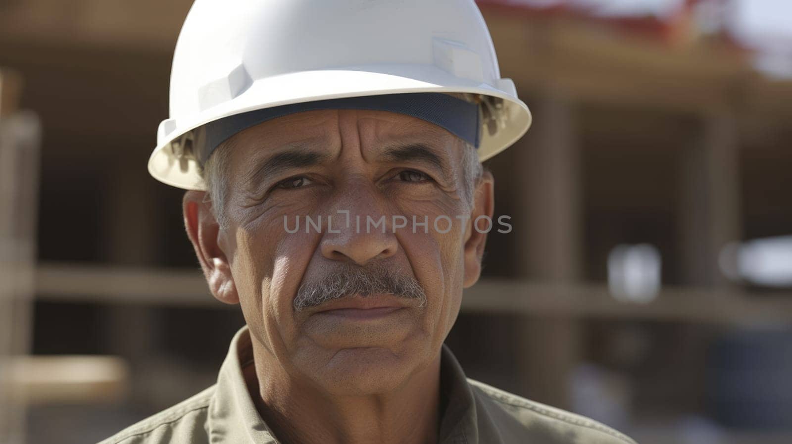 Senior male Hispanic civil engineer with determined face at construction site. Generative AI AIG21.