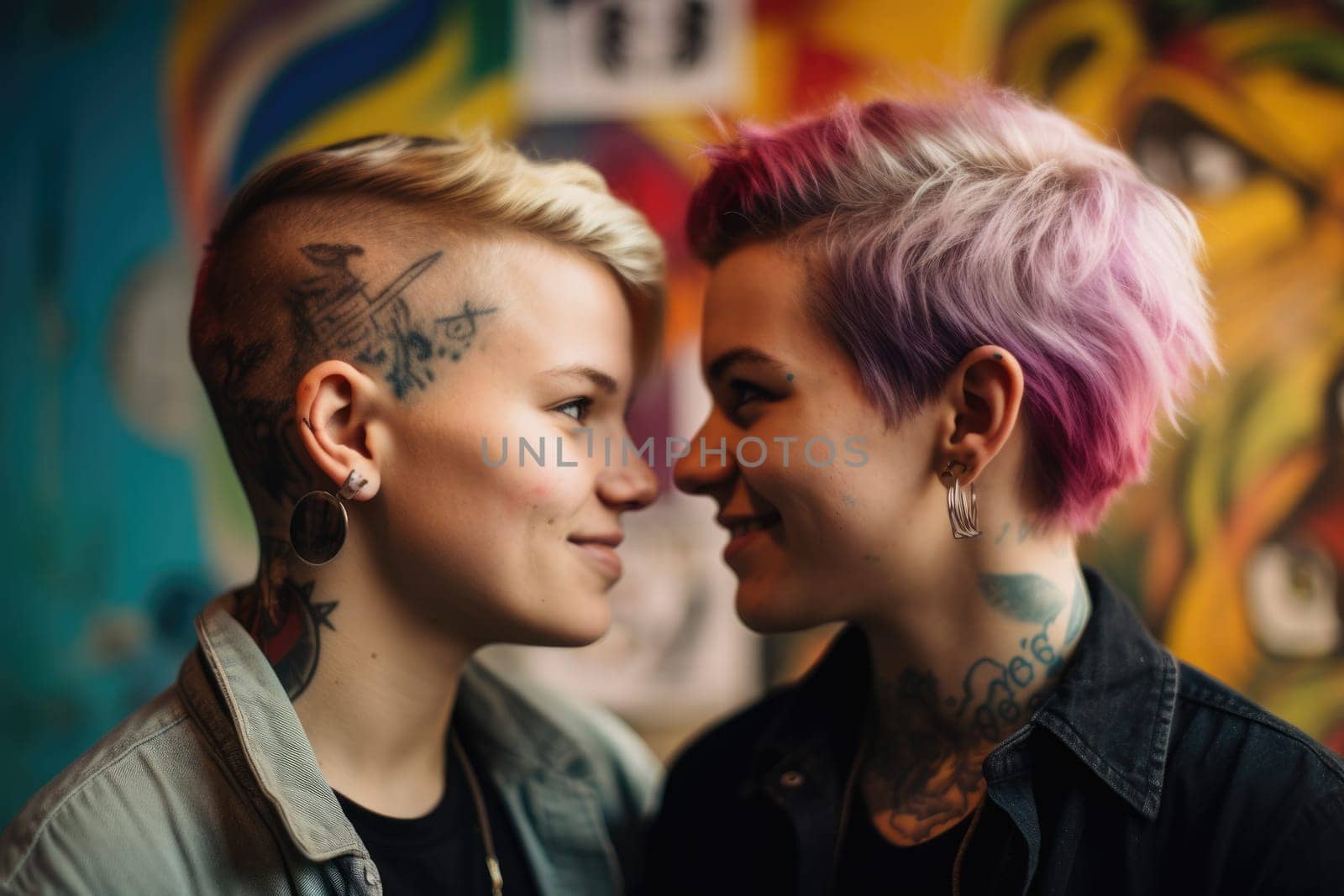 Happy young couple with tattoos and vivid colors short hair in an office. Generative AI AIG21. by biancoblue