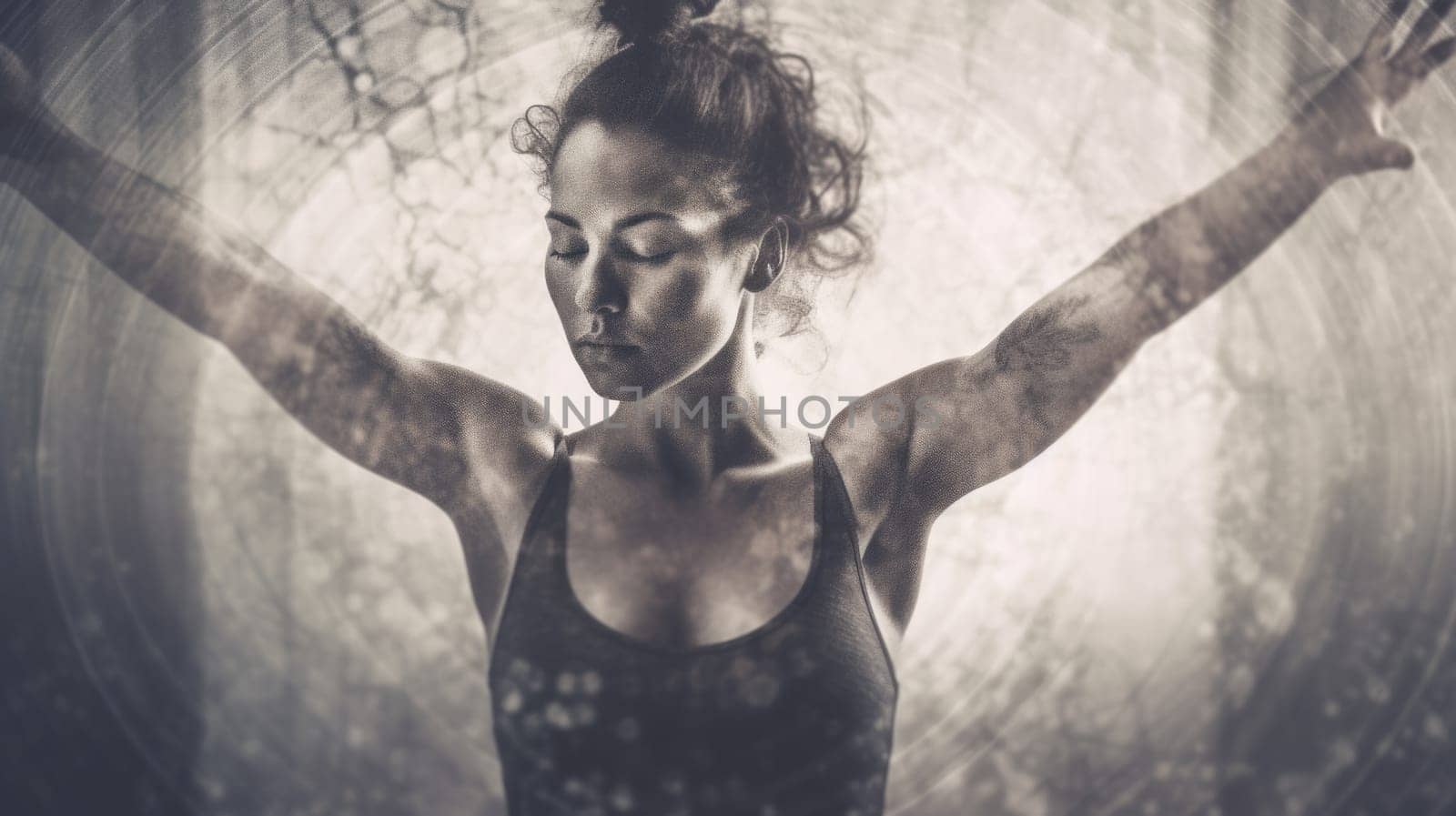 Young woman in advanced yoga pose, double exposure, energy ripple in the body, heroic. Generative AI AIG20.