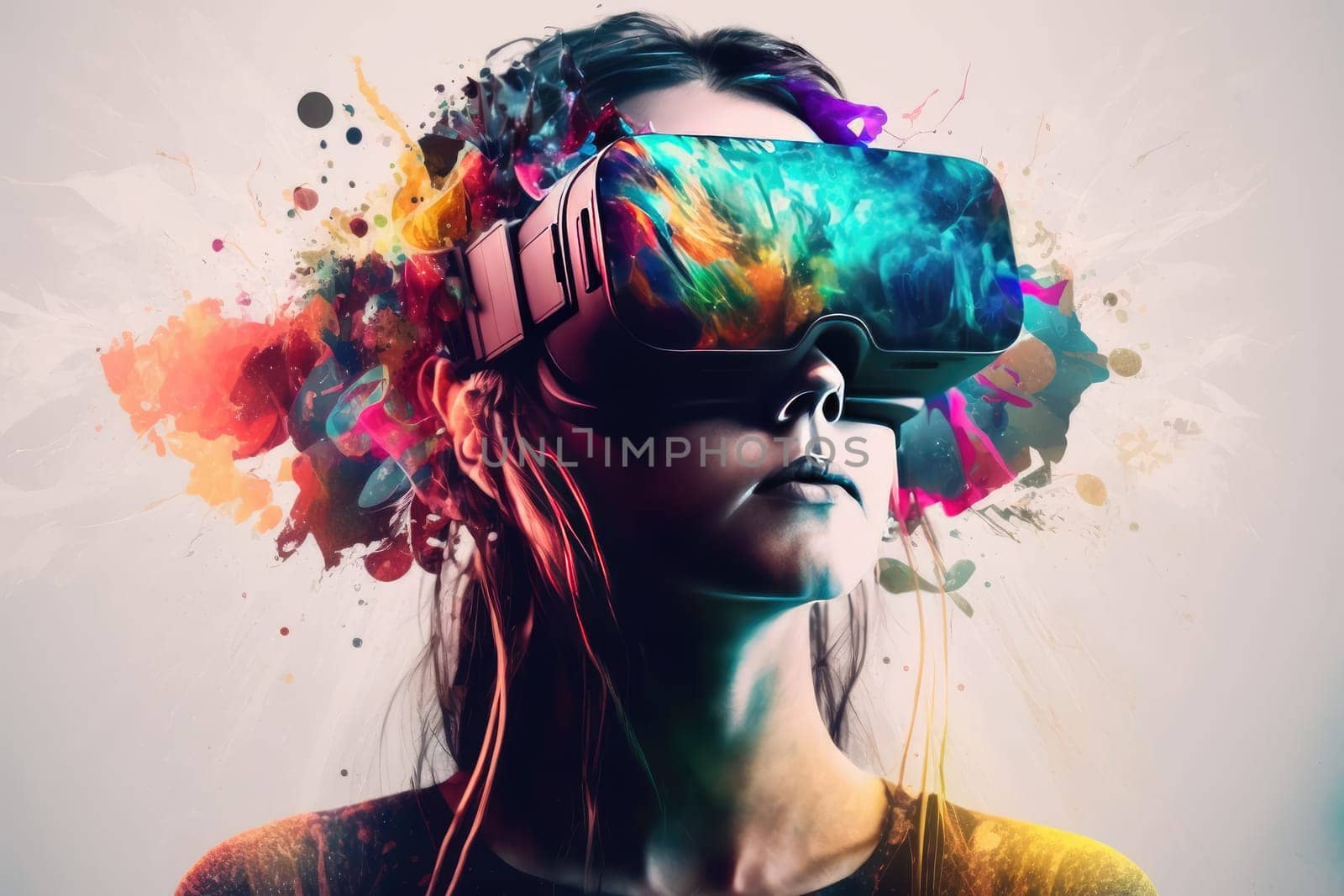 Young creative woman using innovative digital tech of virtual reality headset for fun by biancoblue