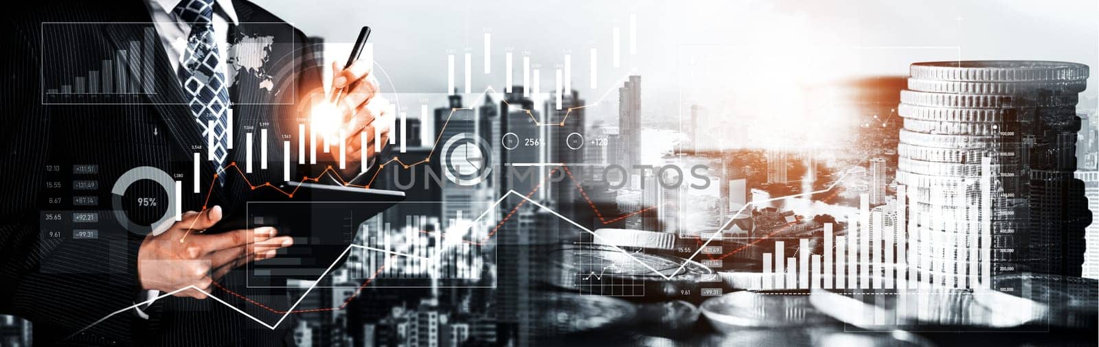 Businessman analyst working with digital finance business data graph showing technology of investment strategy for perceptive financial business decision. Digital economic analysis technology concept.