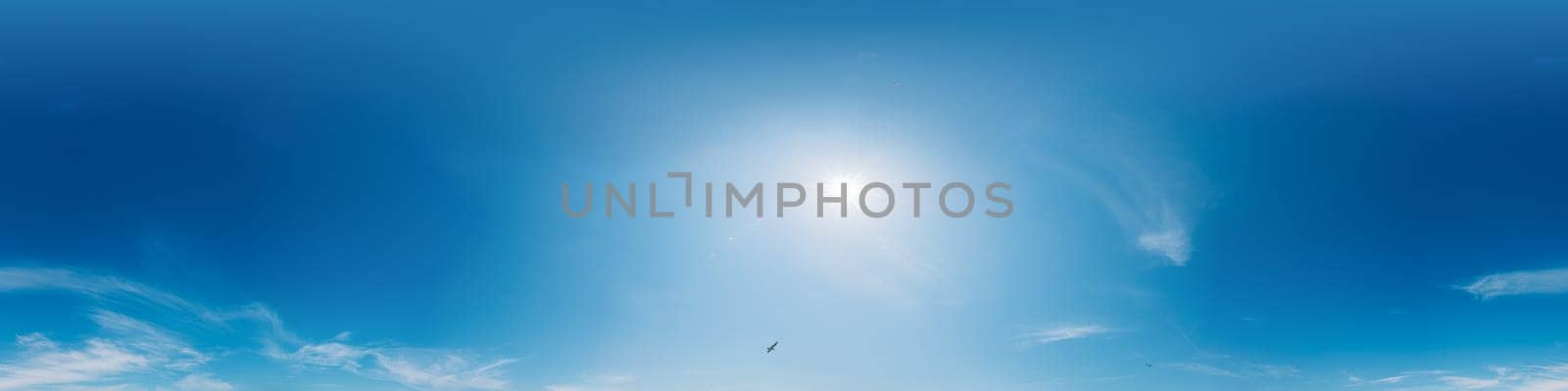 Clear blue summer sky panorama with Cirrus clouds. Seamless hdr spherical 360 panorama. Sky dome in 3D visualization, sky replacement for aerial drone 360 panoramas. Climate and weather change. by panophotograph