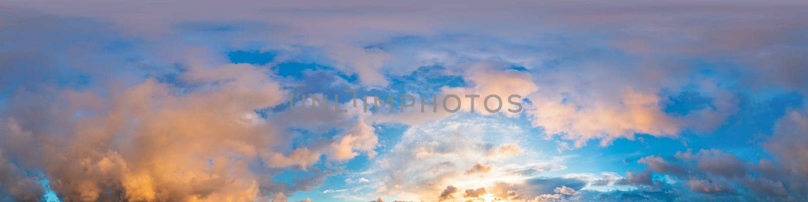 Bright sunset sky panorama with Cirrus clouds. Seamless hdr spherical equirectangular 360 panorama. Sky dome or zenith for 3D visualization, game and sky replacement for aerial drone 360 panoramas.