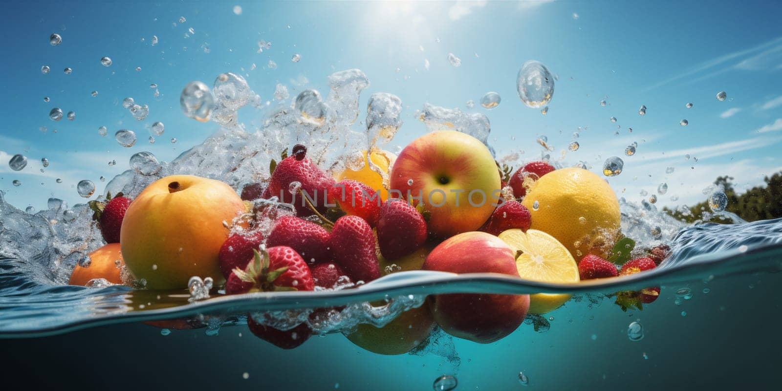 diet vitamin food strawberry healthy drop water green fresh fruit background. Generative AI. by SHOTPRIME