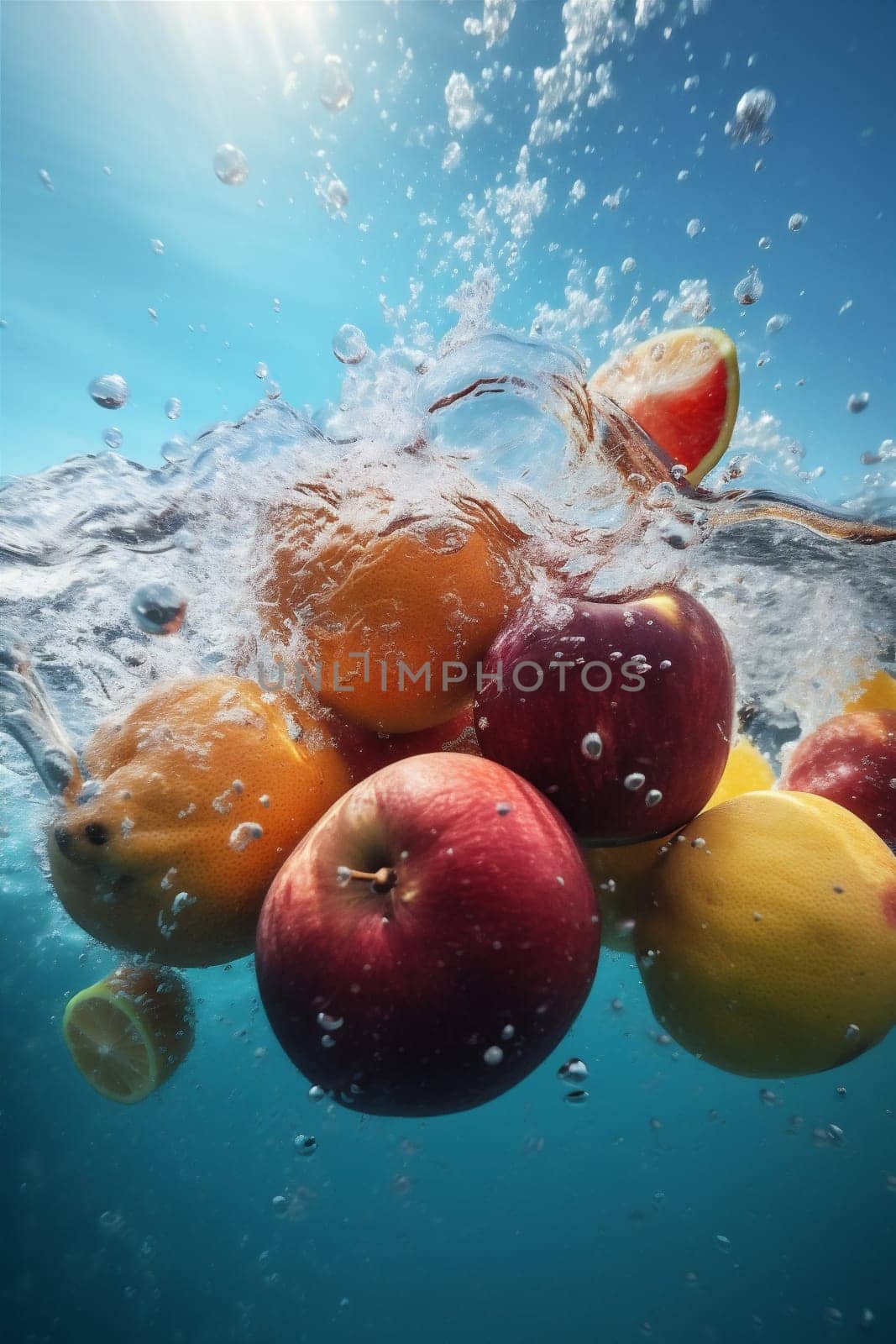vitamin healthy strawberry fruit drop background ingredient food fresh water green. Generative AI. by SHOTPRIME