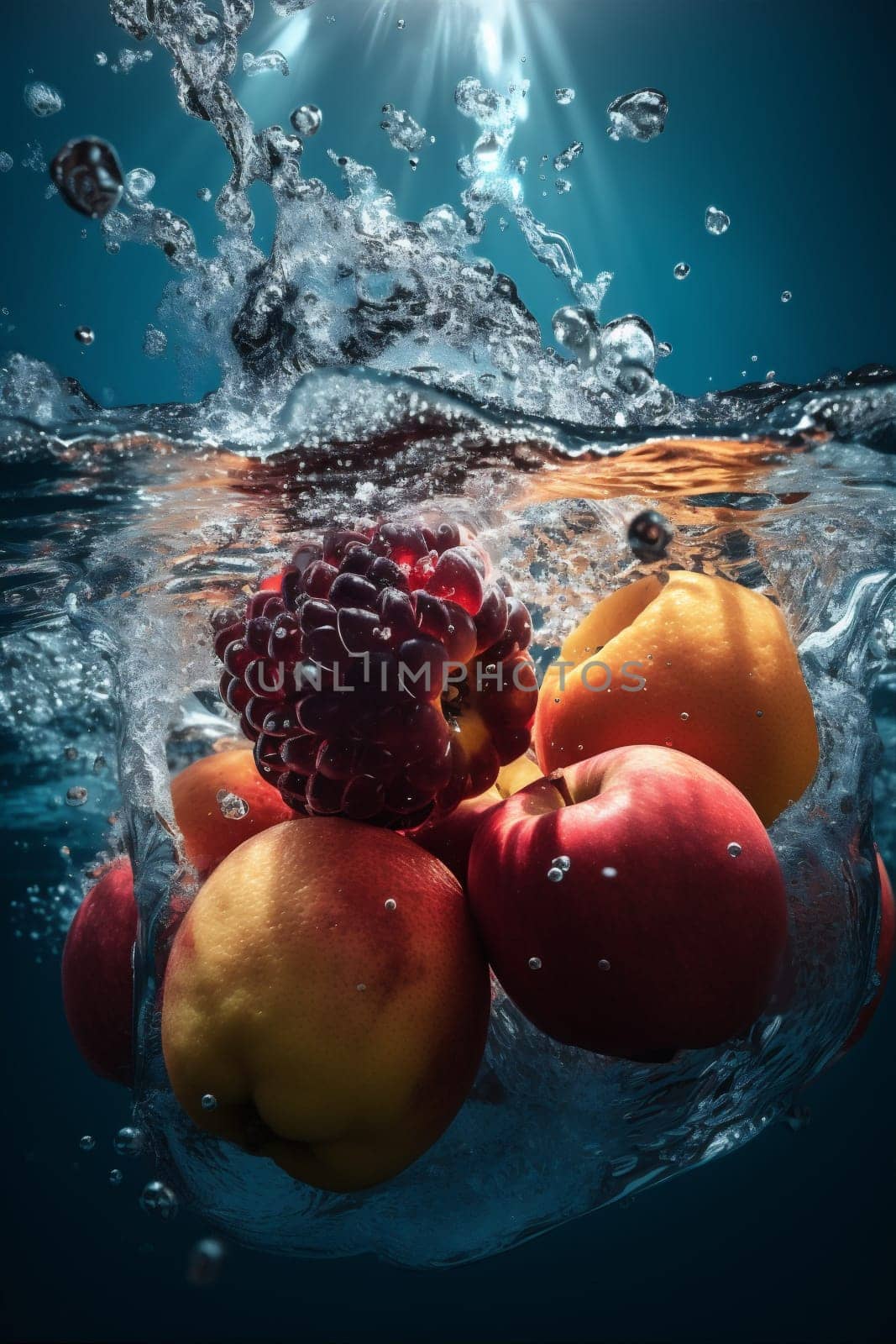 healthy food vitamin drop strawberry water background bubble fresh green fruit. Generative AI. by SHOTPRIME