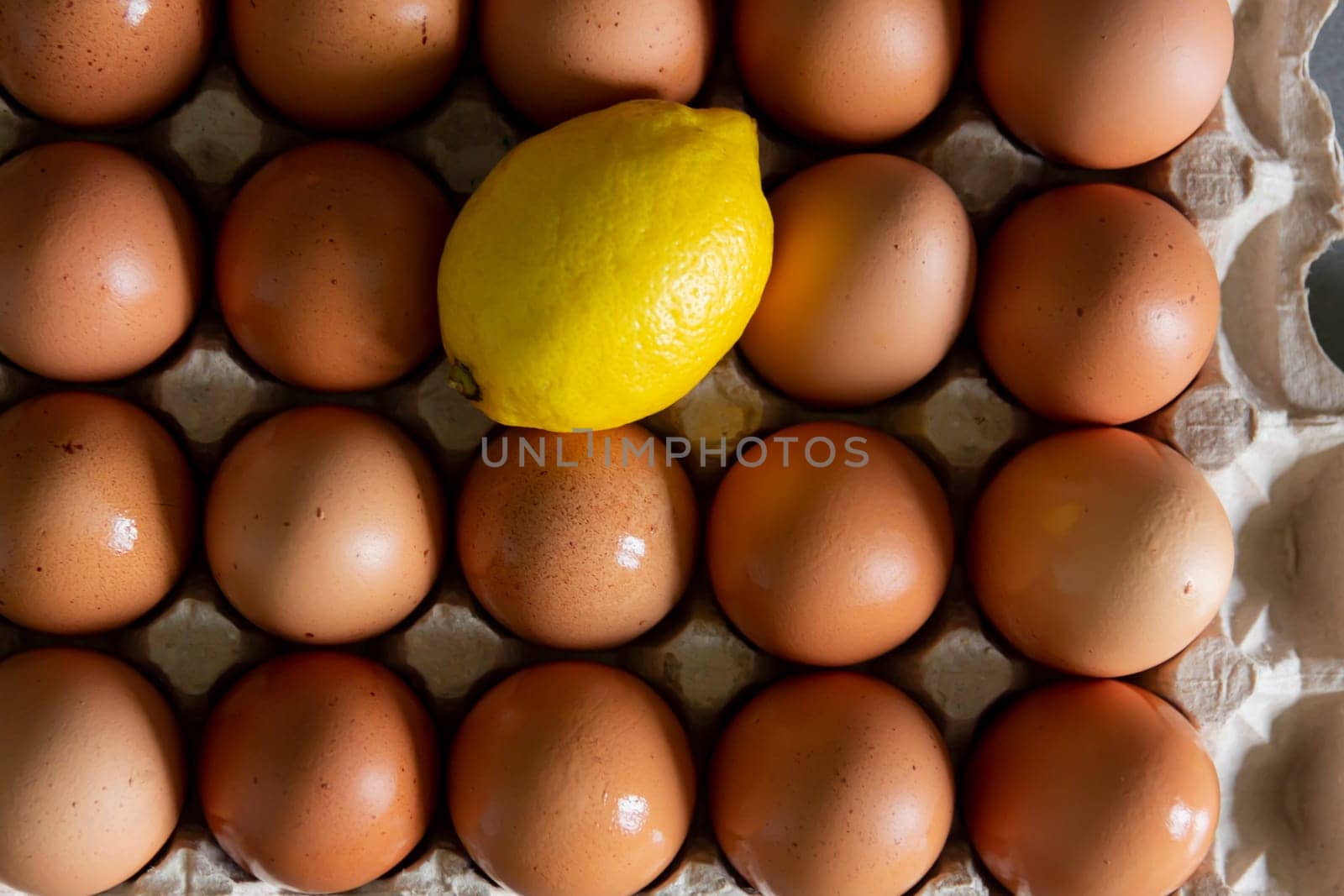 Chicken eggs lie in a tray on a kitchen surface with a yellow lemon. Buying products and goods in the store. by Alla_Yurtayeva
