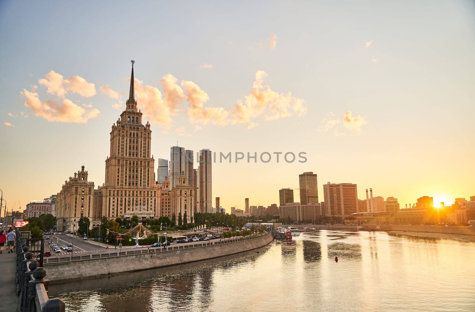 Moscow, Russia - 30.07.2022: View of the Ukraine Hotel, the Moscow City business center and the Moscow River. High quality photo