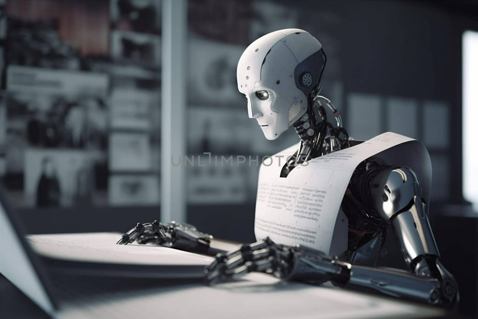 laptop office ai document paper digital robot hand artificial technology. Generative AI. by SHOTPRIME