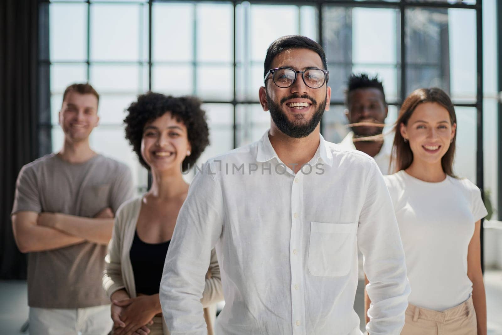 Successful company with happy workers. employees group team portrait