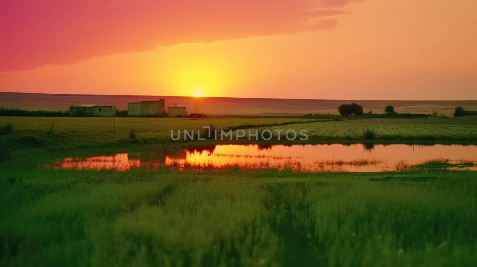 Beautiful local farm with sunset in the countryside field. Generative AI by nateemee